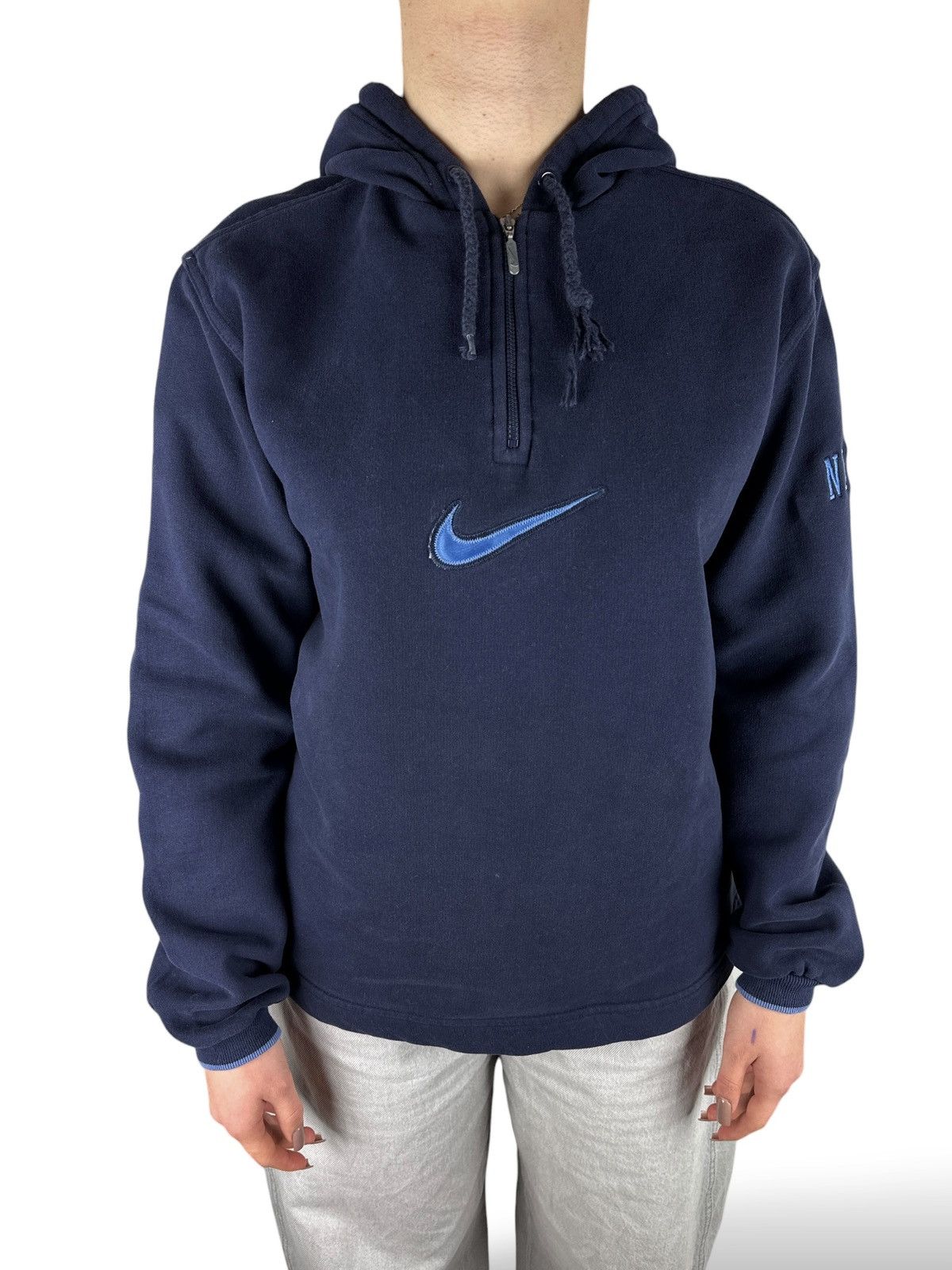 Nike Vintage 90’s Nike Big Logo Swoosh 1/4 Zip Pullover Hooded Size M / US 6-8 / IT 42-44 - 2 Thumbnail
