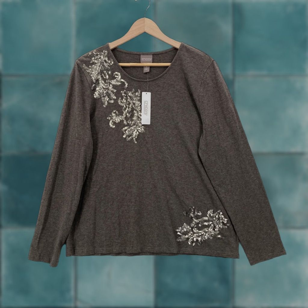 Vintage Chico's Sweater Womens 2 Taupe Heather Embellished Scoop Neck Long Sleeve Holiday Pullover Knit Sequin Embroidered Size XL / US 12-14 / IT 48-50 - 1 Thumbnail