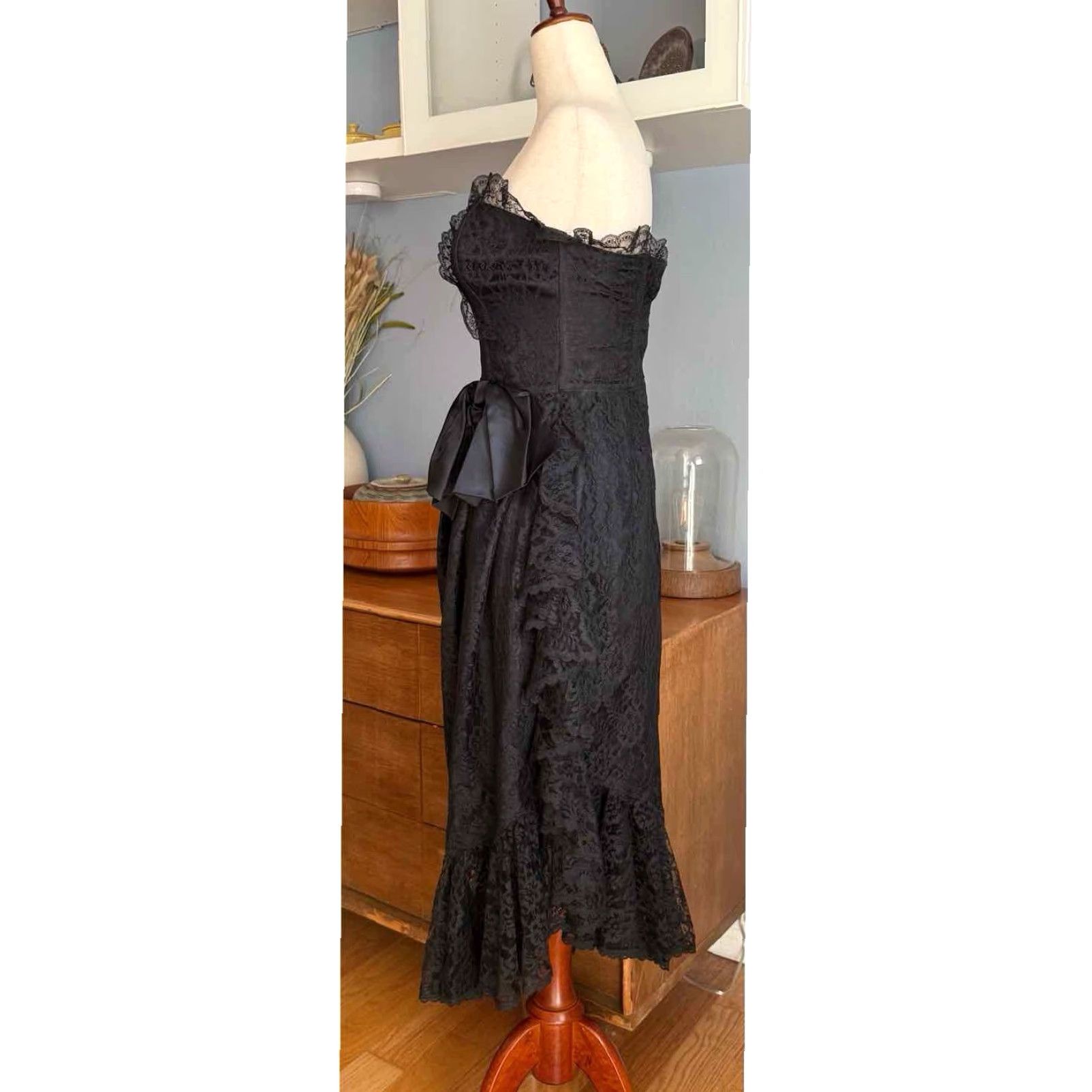 Jessica McClintock Vtg 80’s Gunne Sax Strapless Black Lace Prom Dress Bow Ruffles XS Goth Whimsy Size XS / US 0-2 / IT 36-38 - 3 Thumbnail