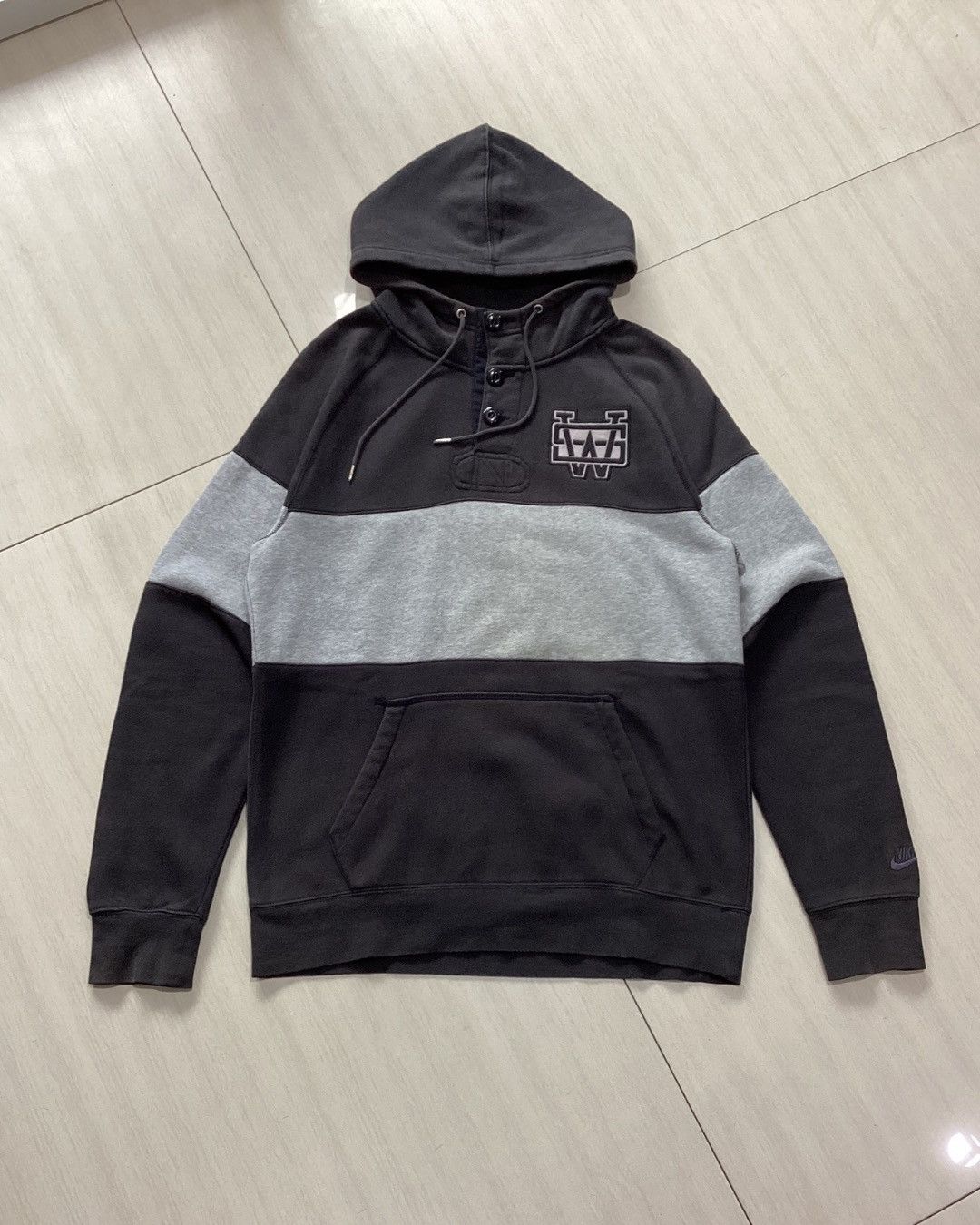 Nike Early 2000s Y2K Color Block Henley Hoodie Black Grey