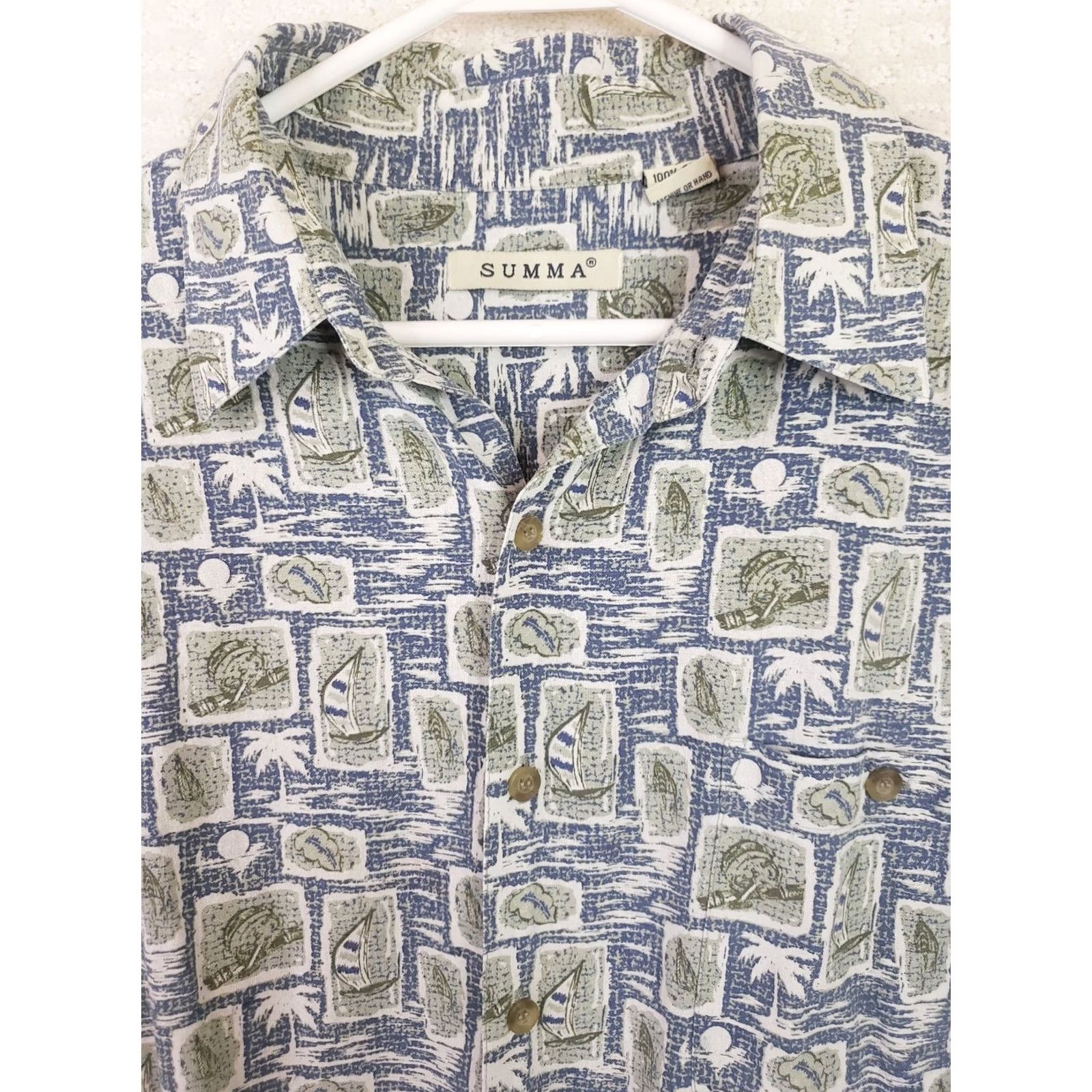 Vintage VINTAGE Summa Silk Shirt Mens L Lightweight Button-Up Short Sleeve Geometric Print Green Blue Collared Pockets Size US L / EU 52-54 / 3 - 3 Thumbnail