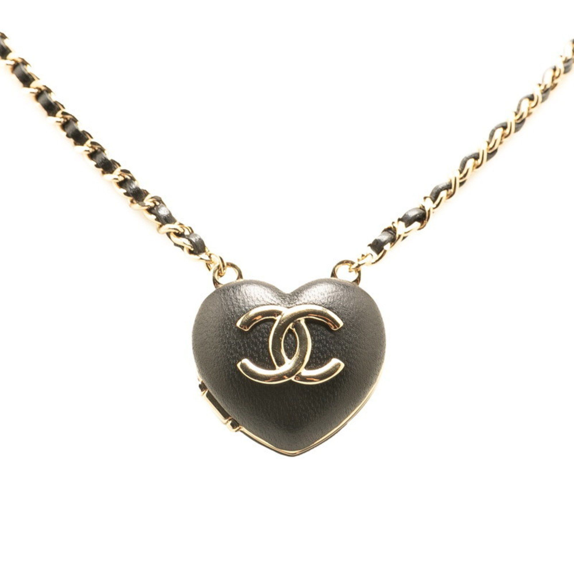 Chanel CHANEL Coco Mark Heart Mirror Locket Pendant Necklace in Black and Gold Lambskin for Women Size ONE SIZE - 1 Thumbnail