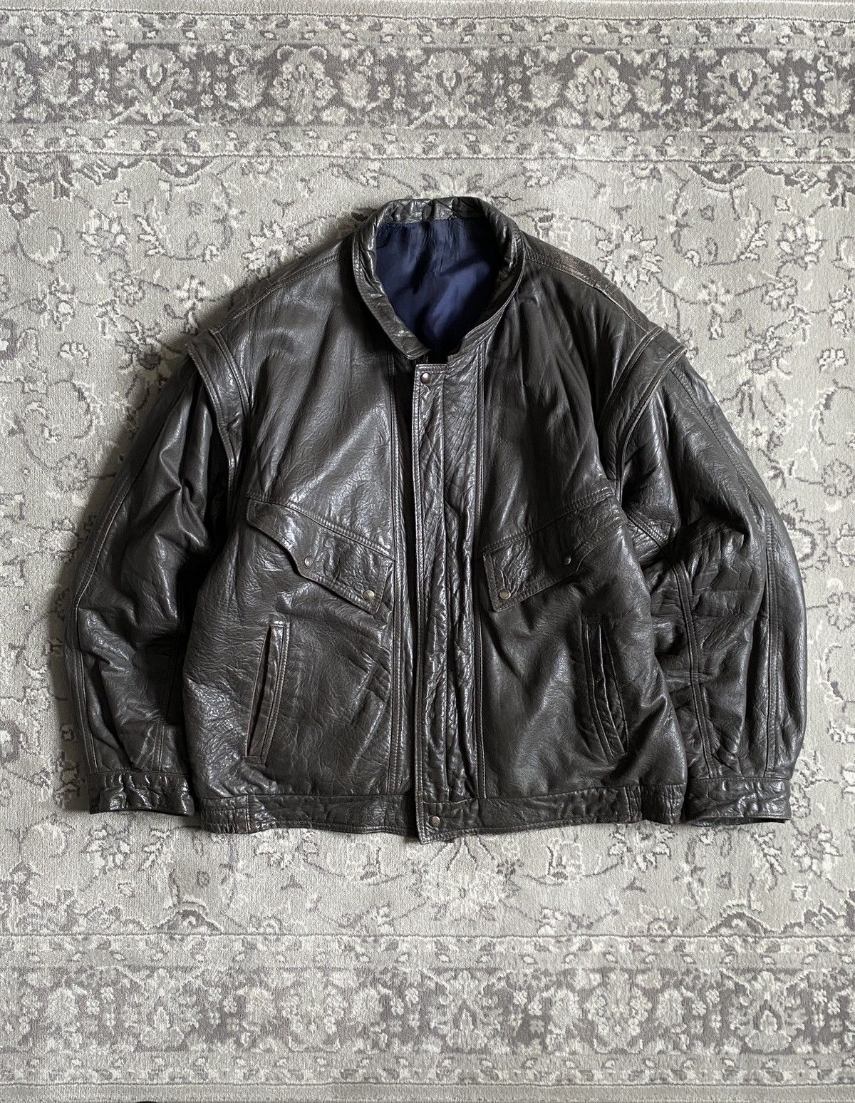 Leather Jacket × Racing × Vintage 90s Vintage Boxy Grey