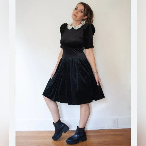 image of Vintage 80's Retro Preppy Acadamia Wednesday Addams Christmas in Black, Women's (Size Small)