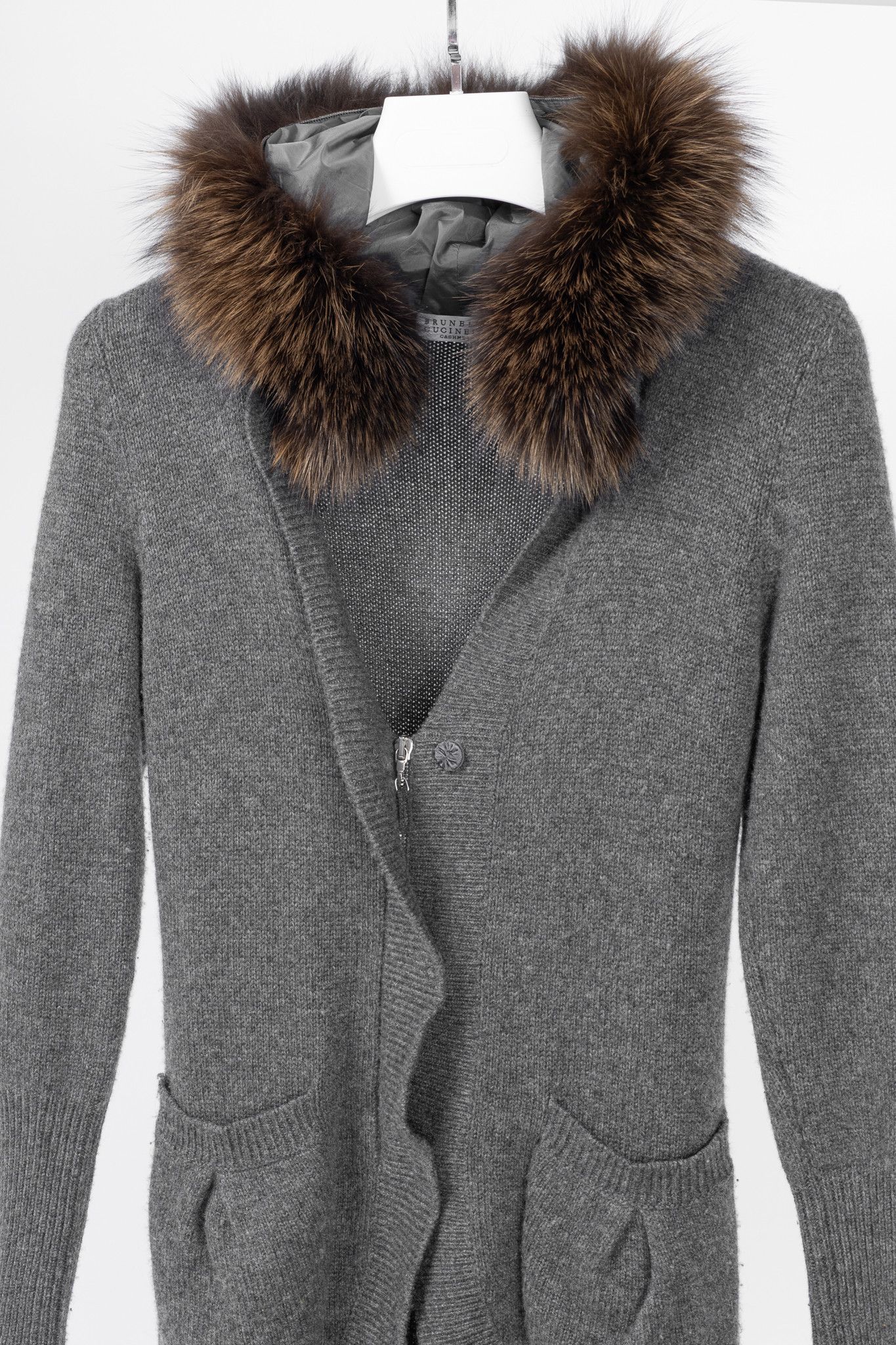 Brunello Cucinelli Brunello Cucinelli Grey Cashmere Fur-Trim-Hood Zip Cardigan Size S / US 4 / IT 40 - 3 Thumbnail