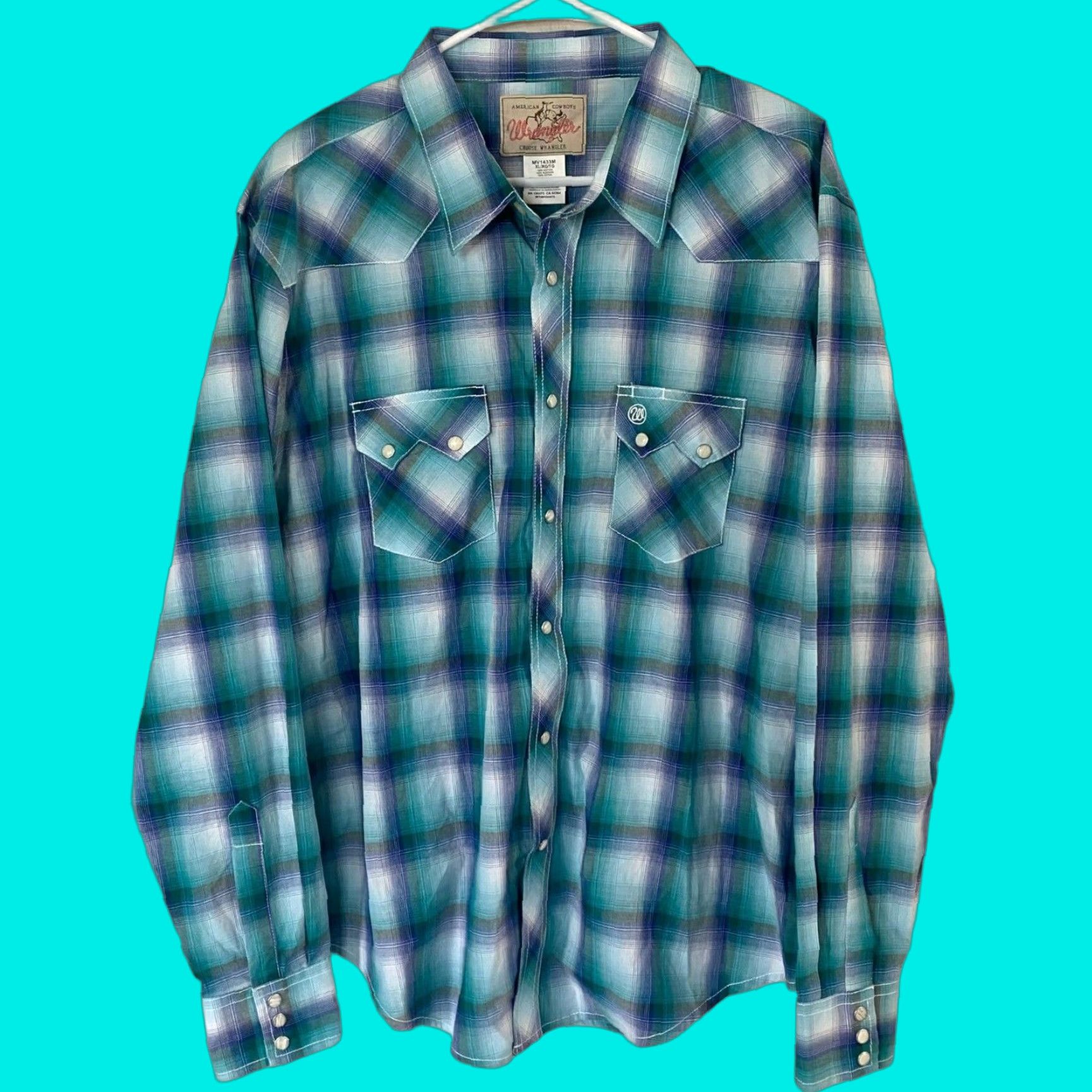 Wrangler VINTAGE Wrangler Western Pearl Snap Shirt Long Sleeve Turquoise Blue Plaid Mens XL TieFit? Size US XL / EU 56 / 4 - 1 Thumbnail
