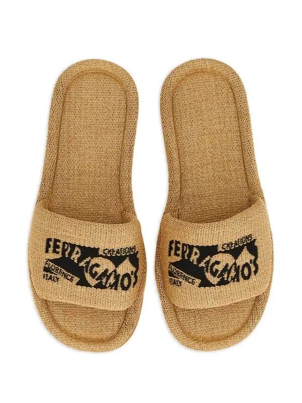 Salvatore Ferragamo o1s1rm1225 Logo-embroidered Raffia Slides in Beige/Black Size US 8 / IT 38 - 4 Thumbnail