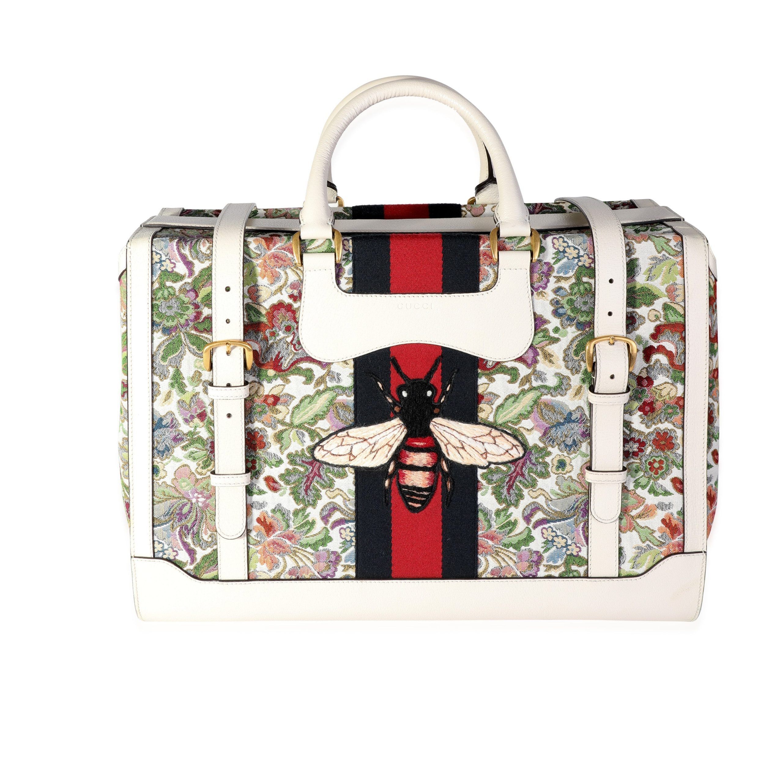 image of Gucci Ivory Leather & Web Floral Tapestry Duffle Bag in White, Women's