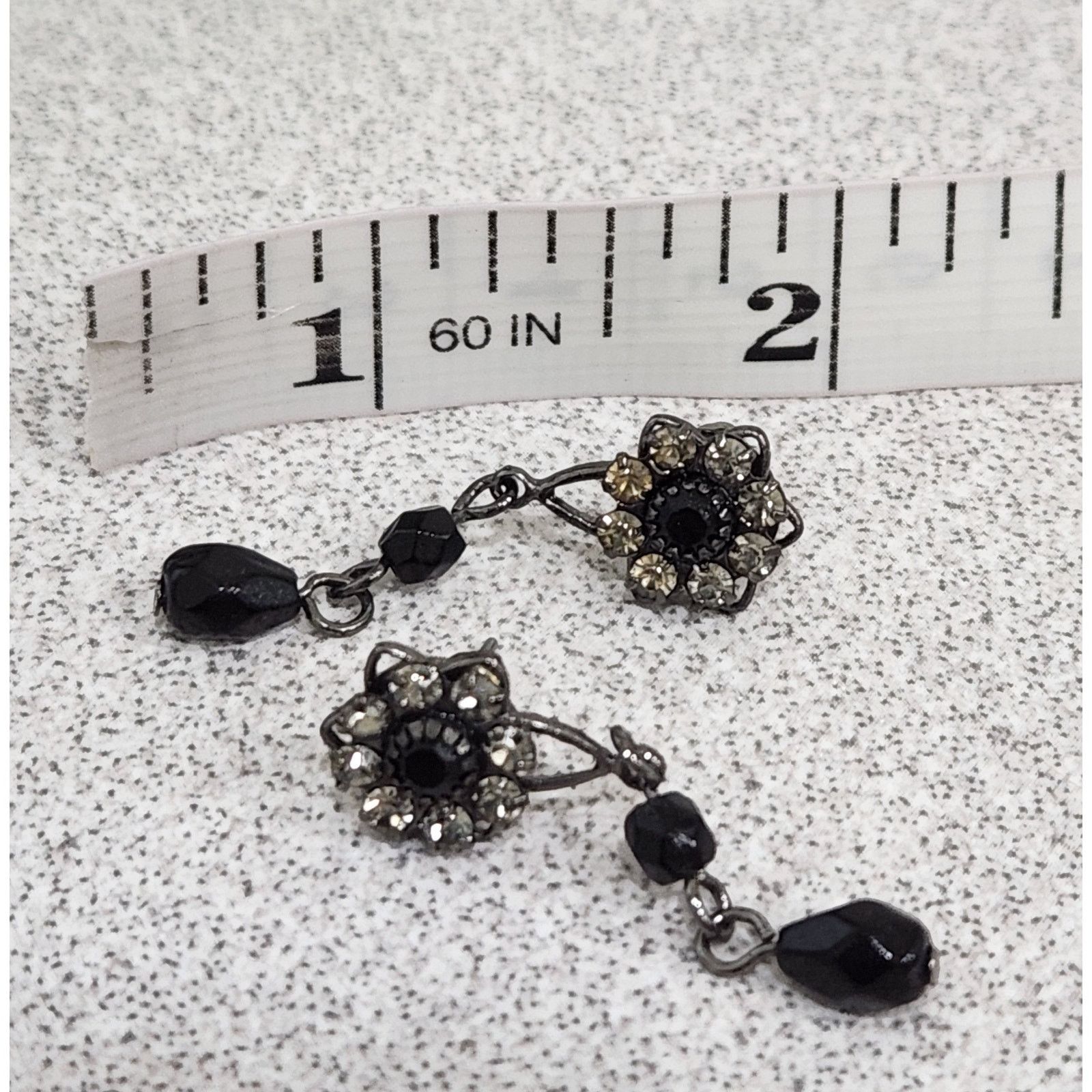 Other Black And Rhinestones Flower Shape Dangle Stud Earrings 1.5" Size ONE SIZE - 3 Thumbnail
