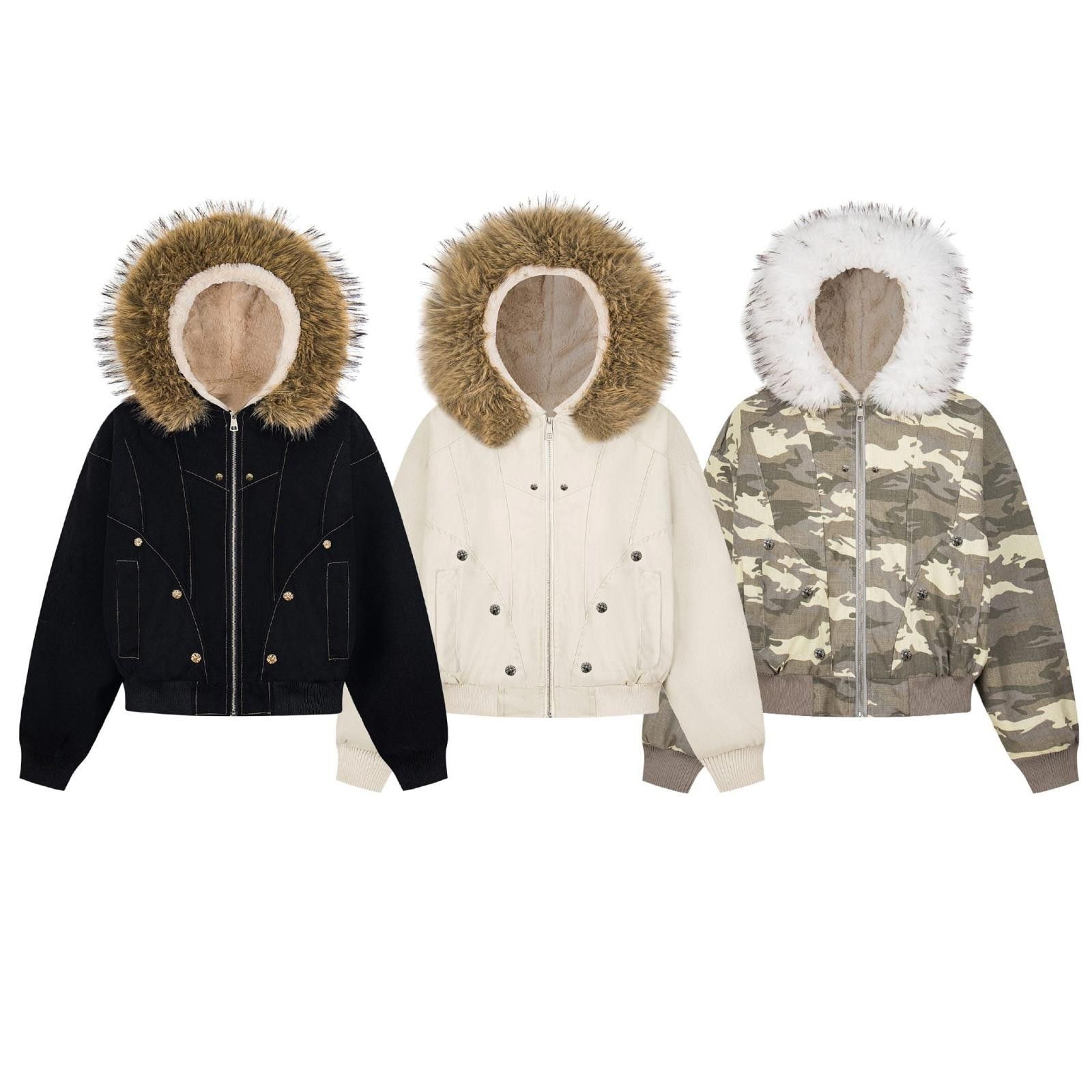 Other Camouflage Fur Hooded Bomber Jacket, Warm Winter Coat Size US L / EU 52-54 / 3 - 6 Thumbnail