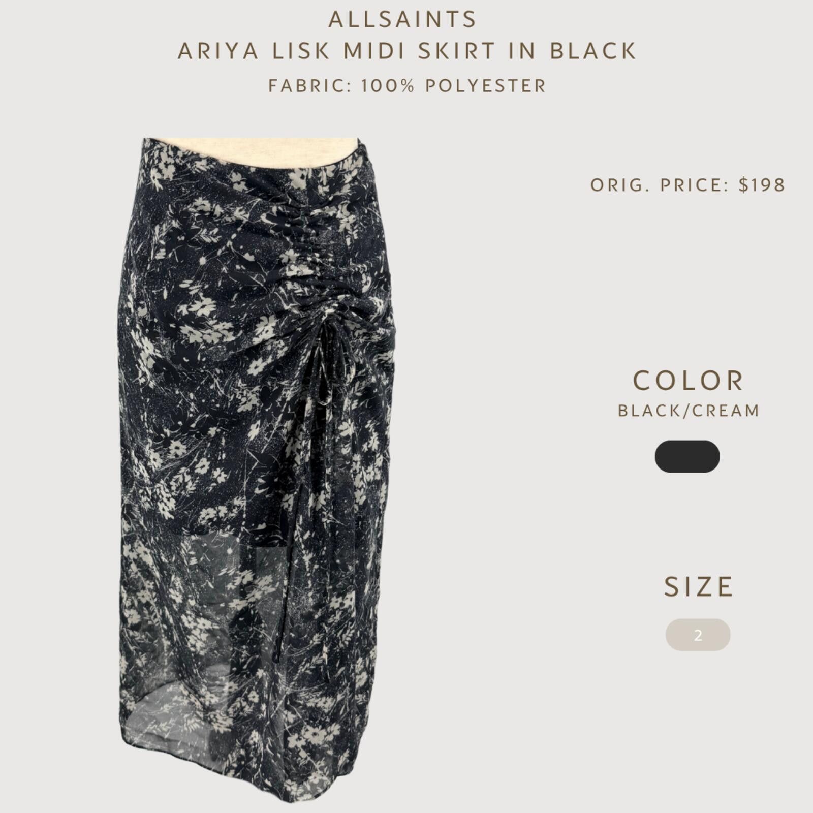 Allsaints AllSaints Ariya Lisk Midi Skirt Ruched Black 2 Size 26" / US 2 / IT 38 - 2 Thumbnail