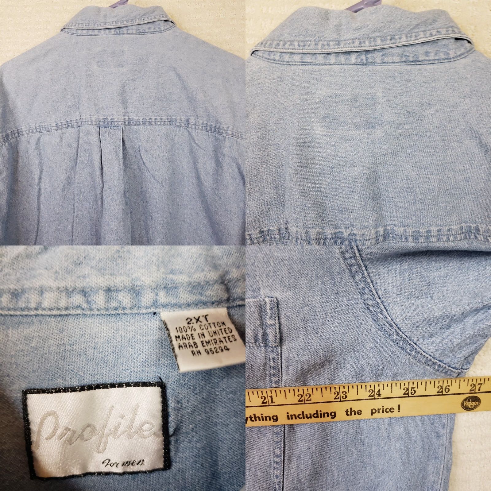 Vintage Profile for Men Denim Shirt 2XT Light Blue Long Sleeve Button-Up Pockets Casual Workwear Shirts Mens Size US XXL / EU 58 / 5 - 8 Thumbnail