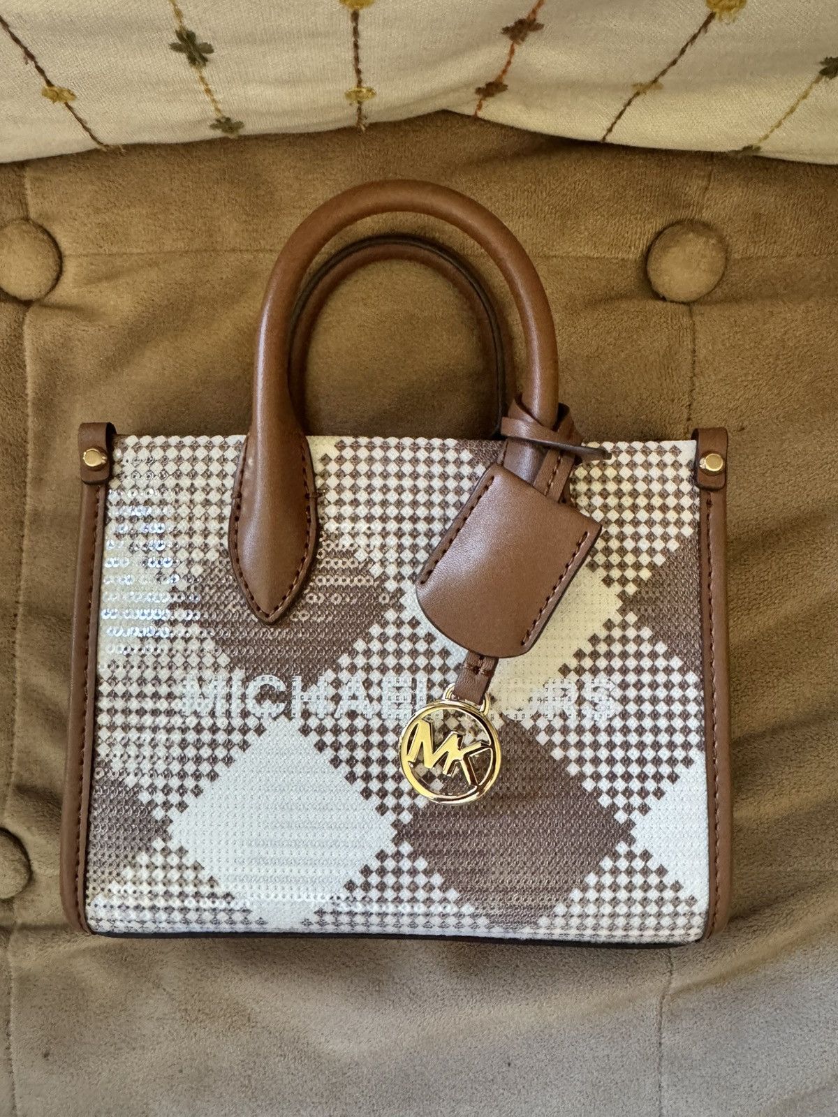 Michael Kors Michael Kors Brown & White Checkered Sequins/Leather Tote Size ONE SIZE - 8 Thumbnail