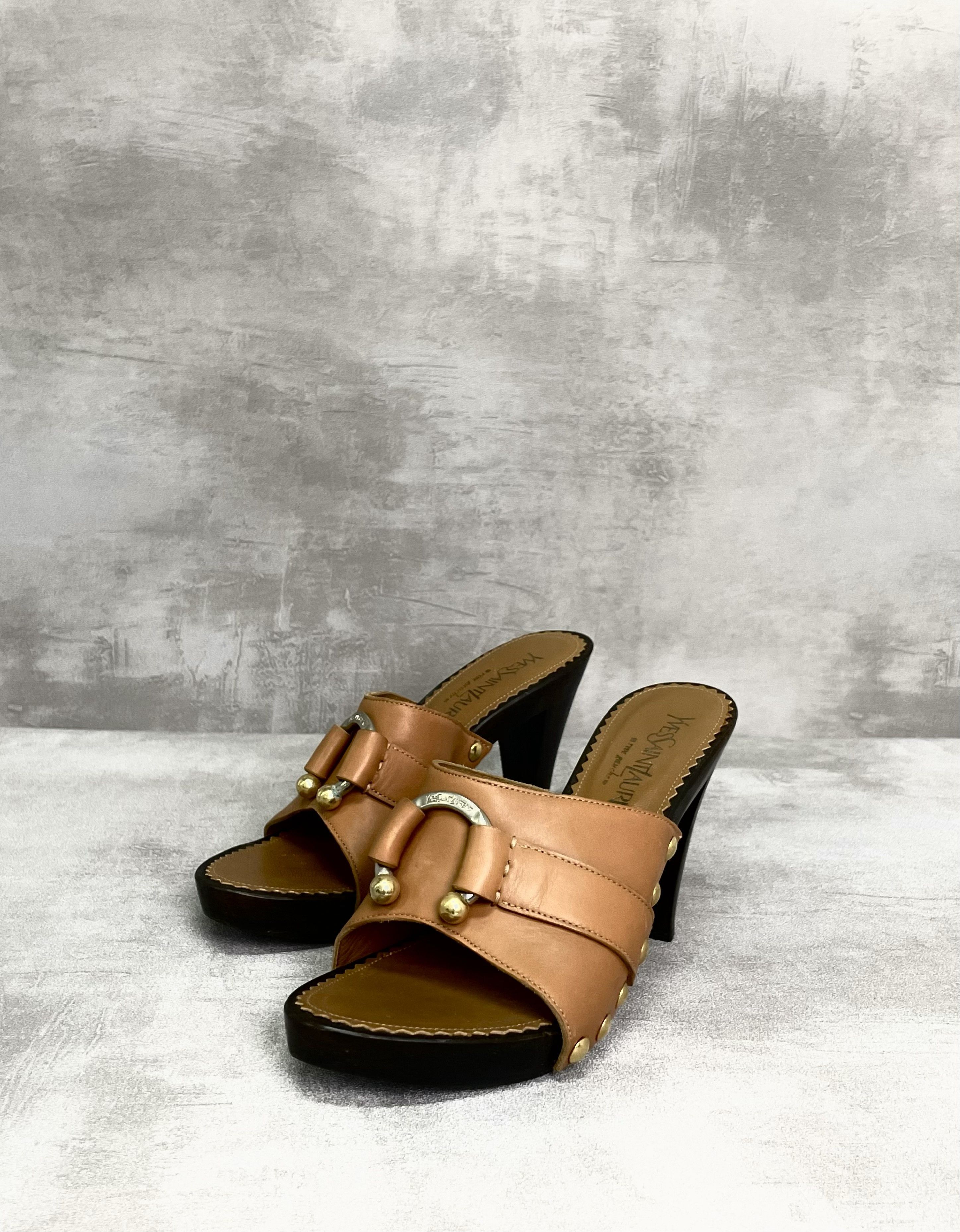 Yves Saint Laurent Yves Saint Laurent Beige High Heel Clogs With Golden Buckle Size US 6 / IT 36 - 2 Thumbnail