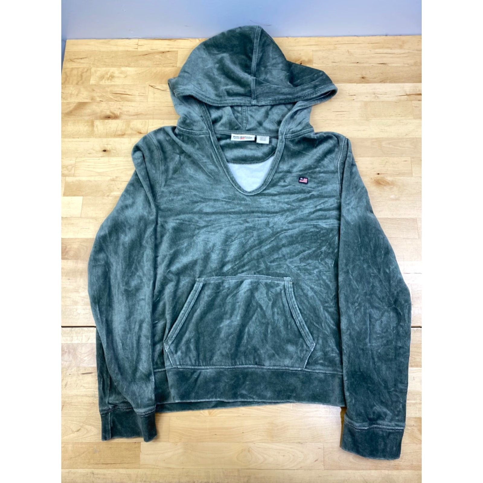 Ralph Lauren VINTAGE Polo Ralph Lauren Velour Hoodie Womens L V Neck Green Pullover 10512 Size L / US 10 / IT 46 - 2 Thumbnail