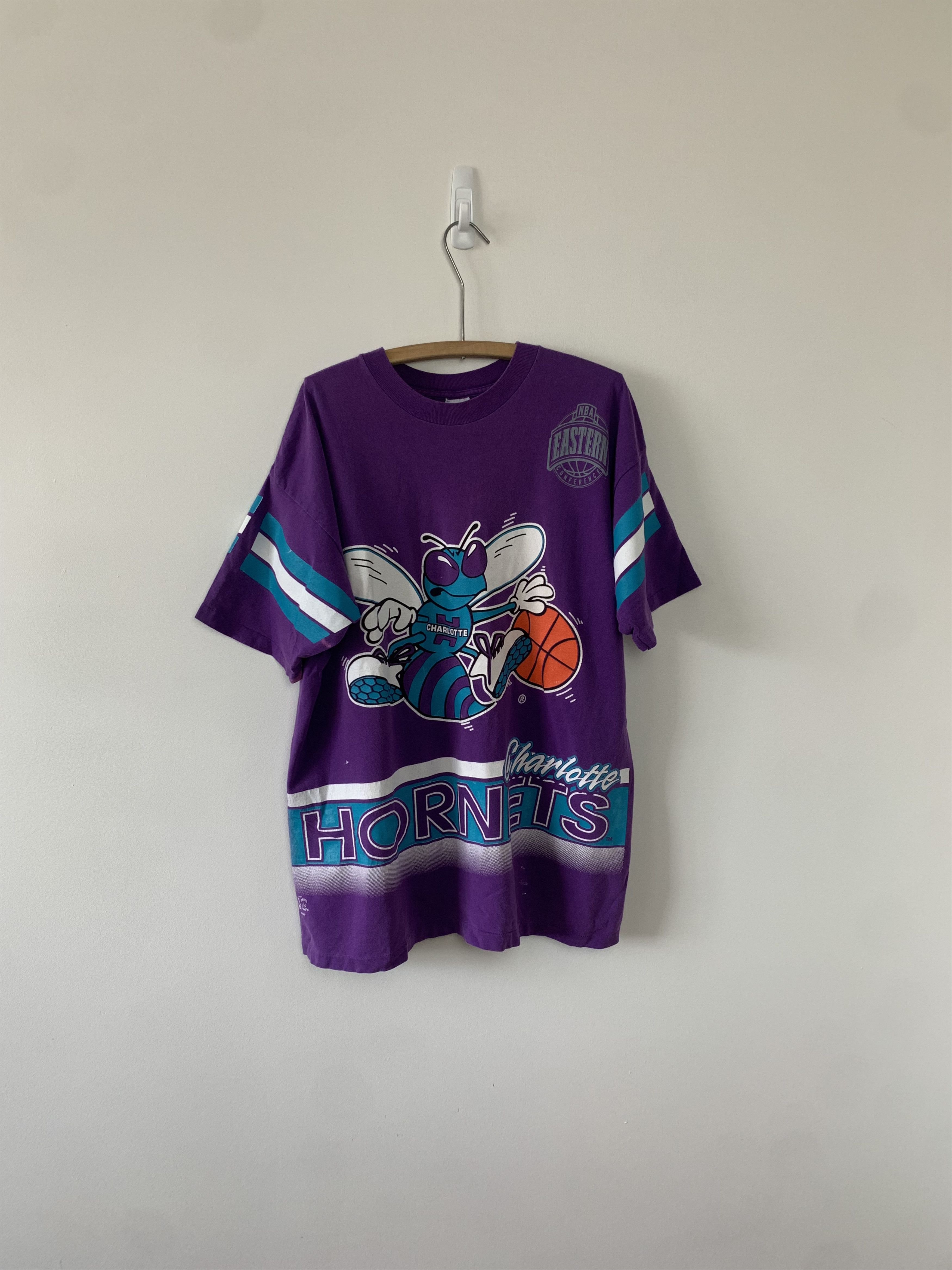 image of Vintage Charlotte Hornets All Over Print T-Shirt in Purple, Men's (Size XL)