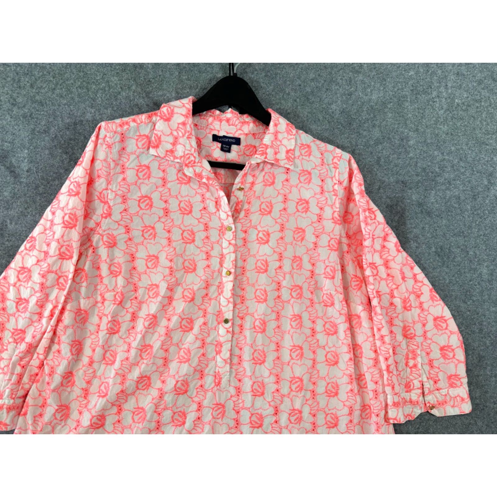 Lands' End Lands' End Shirt Top Womens 18W Hot Pink Floral Embroidered Boho 3/4 Sleeve Collared Shirt Size XXL / US 16-18 / IT 52-54 - 2 Thumbnail