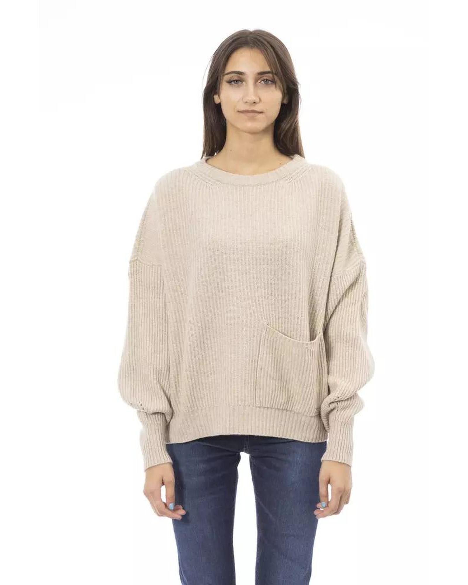 image of Baldinini Wool Crewneck Sweater With Front Pocket in Beige, Women's (Size XS)