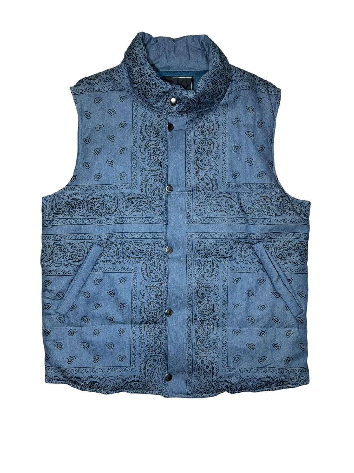 Japanese Brand Blue bandana paisley puffer vest from Unrelaxing Design. Size US L / EU 52-54 / 3 - 1 Thumbnail