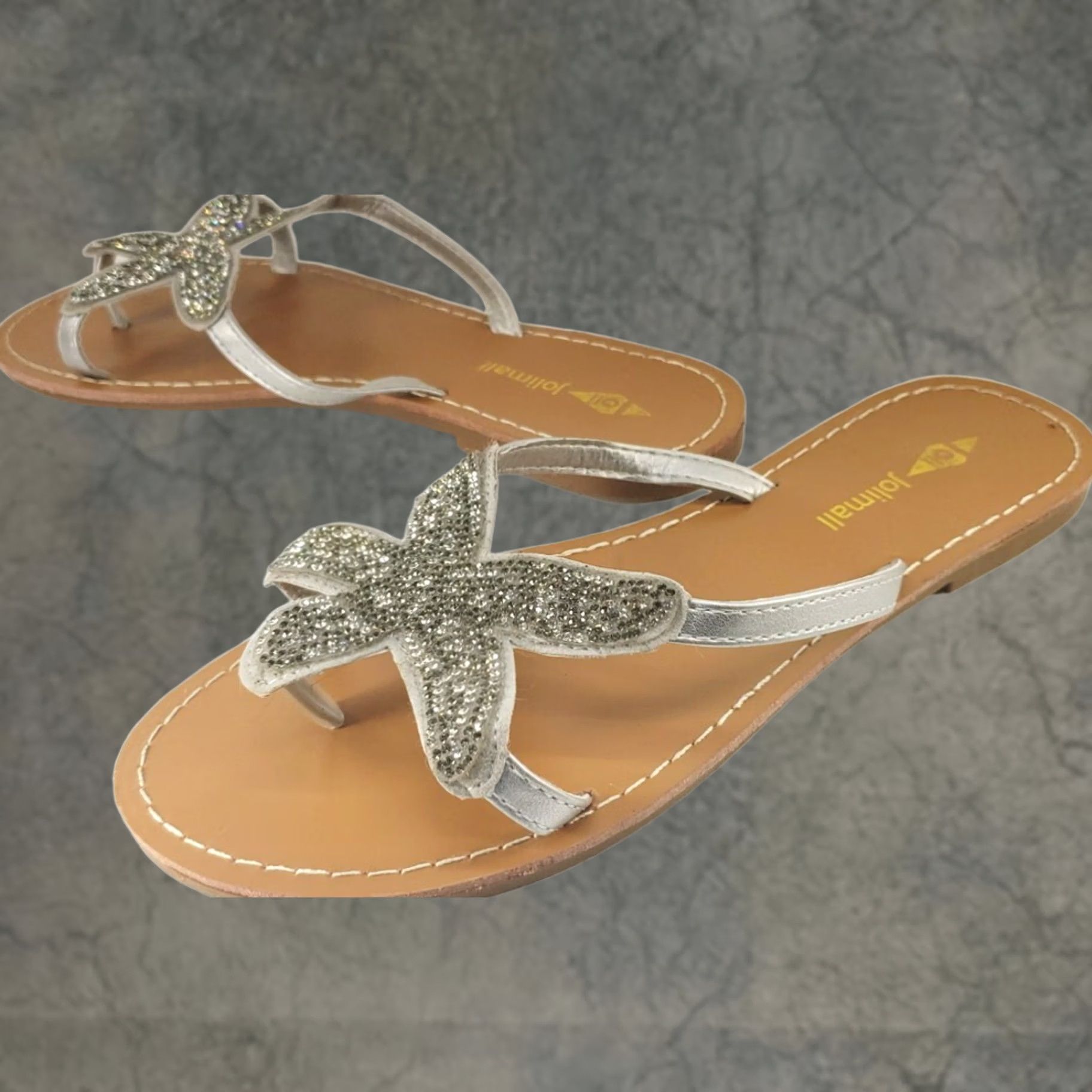 Vintage Jolimall Womens Flat Summer Toe Post Sandals Size 6 Crystal Beaded Starfish Upfront with Silver Straps Size US 6 / IT 36 - 1 Thumbnail