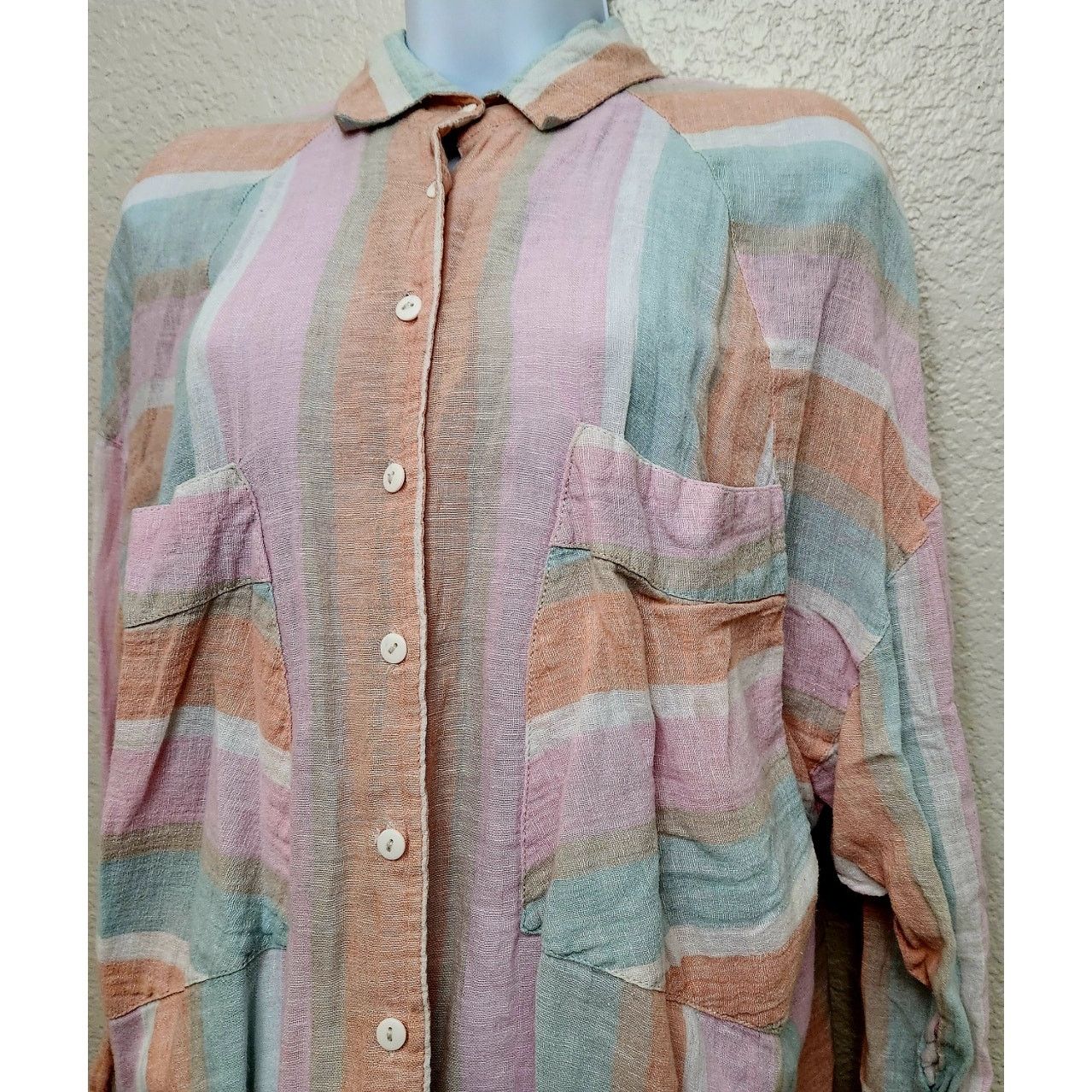Free People Free People Pink Orange White Striped Button Top Medium Size M / US 6-8 / IT 42-44 - 2 Thumbnail