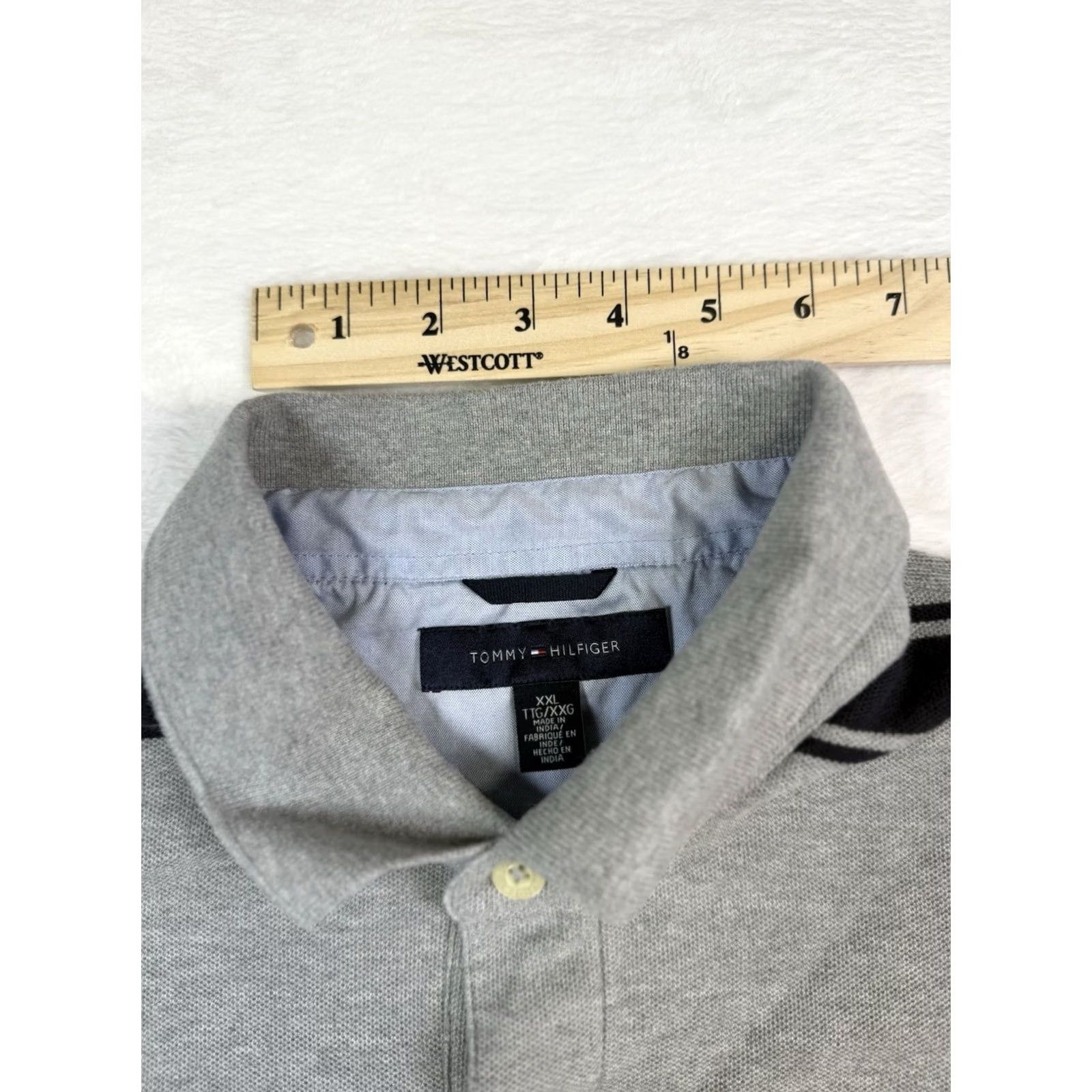 Tommy Hilfiger VINTAGE Tommy Hilfiger Polo Shirt Mens XXL Grey Navy Striped Logo Short Sleeve 100% Cotton Knit Button Closure Collared Size US XXL / EU 58 / 5 - 4 Thumbnail