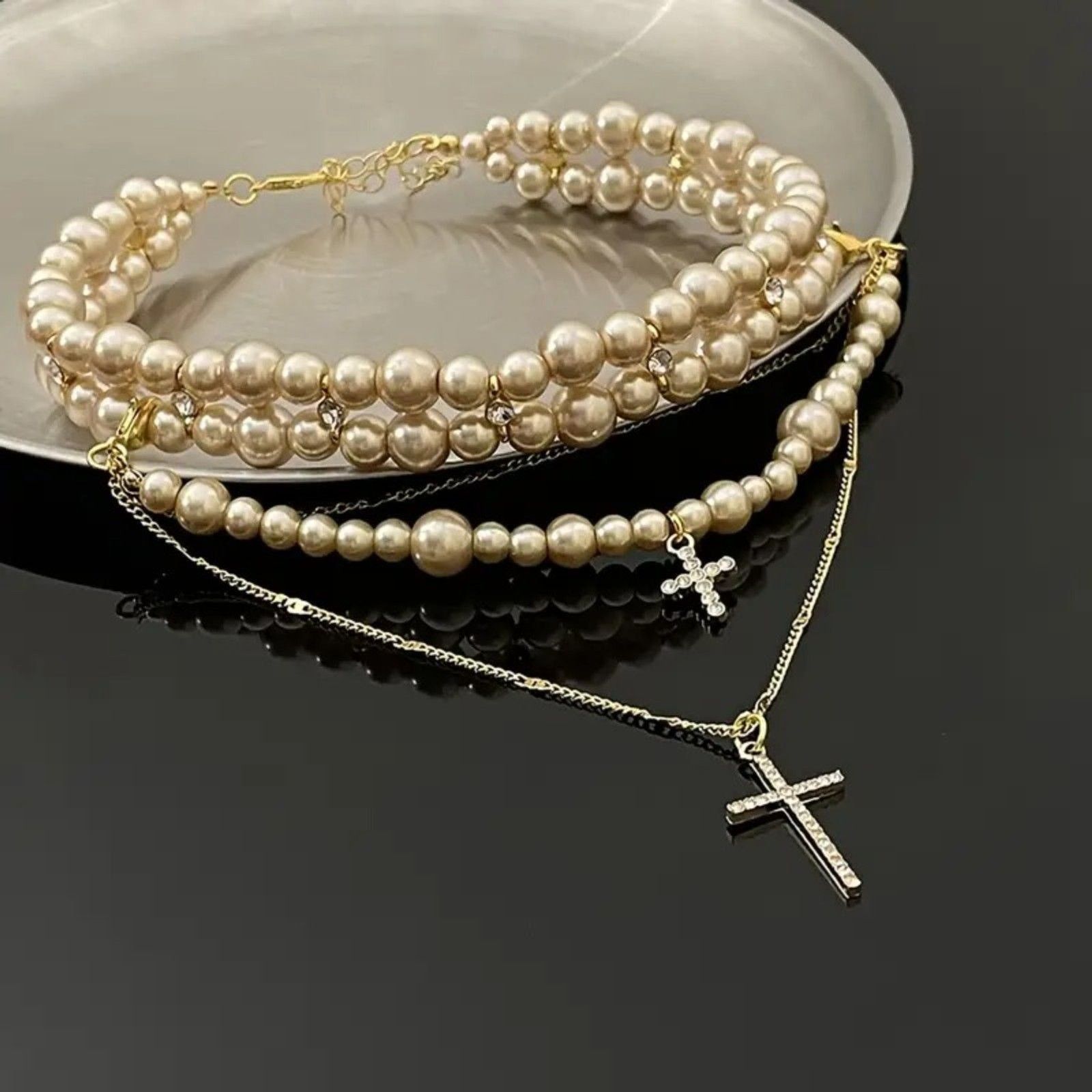 Other Vintage Pearl Layered Choker & Gold Cross Pendant Necklace Size ONE SIZE - 4 Thumbnail