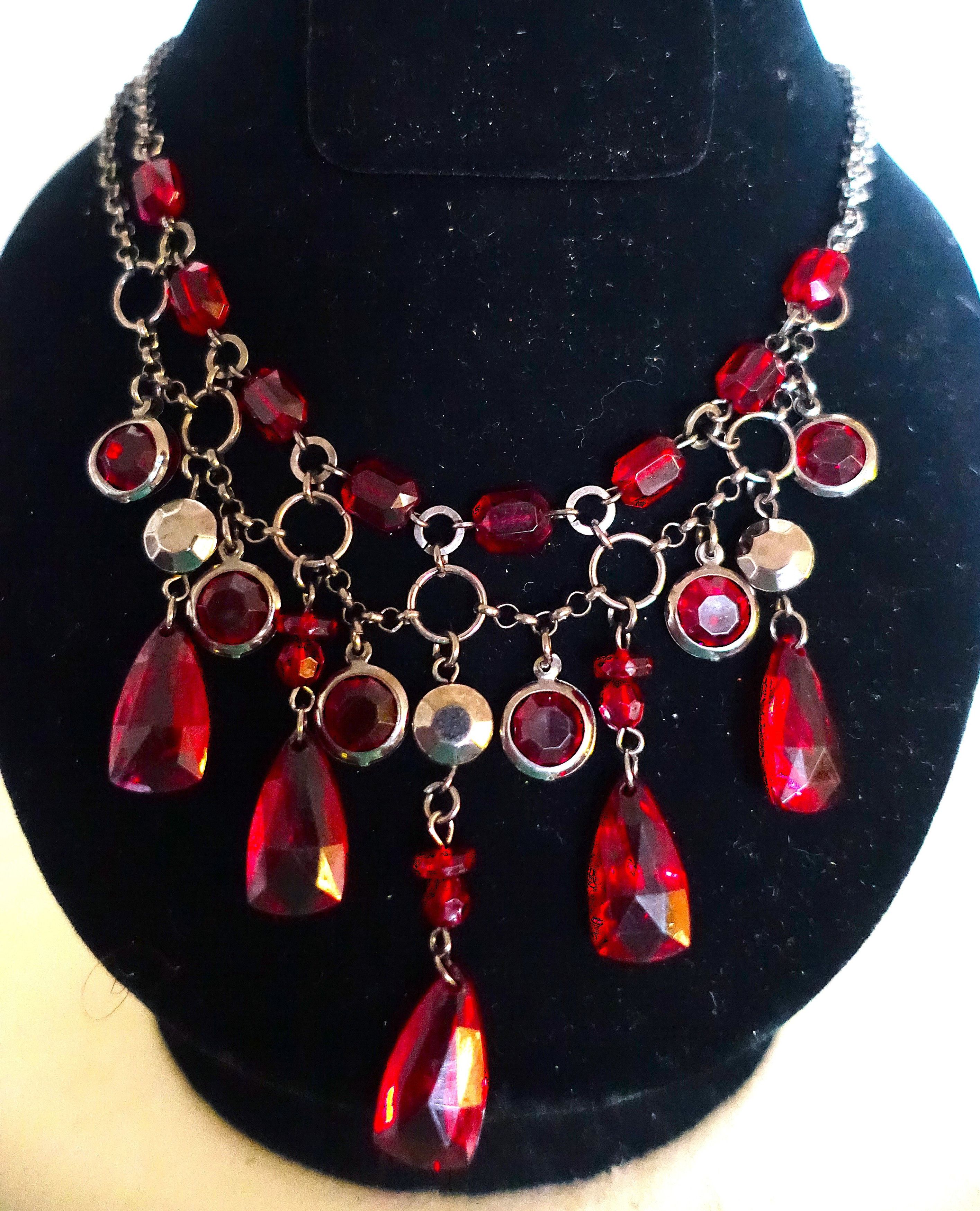 Other Silver Tone Burgundy Drop Beaded Goth Necklace Size ONE SIZE - 2 Thumbnail