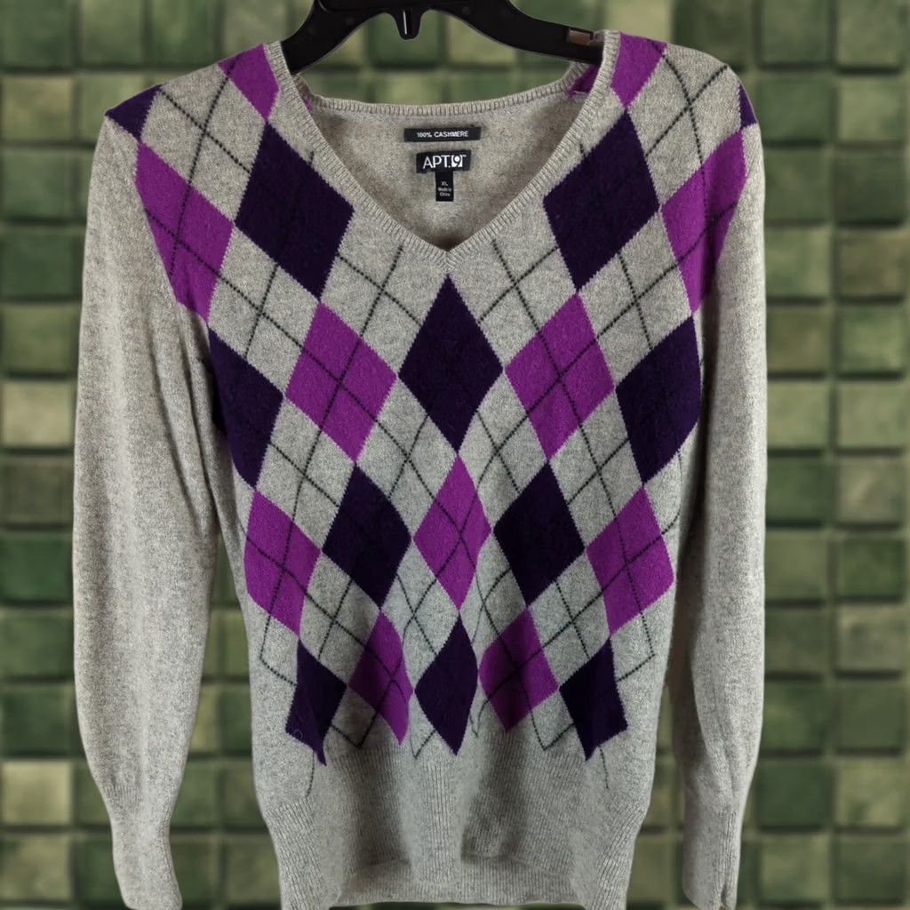 Apt. 9 Apt. 9 Women's XL Cashmere V-Neck Argyle Sweater Pullover Knit Long Sleeve Purple Gray Sleeved Womens Size XL / US 12-14 / IT 48-50 - 1 Thumbnail