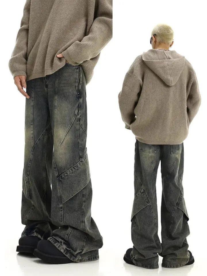 Jean × Vintage Stacked Splice Pleated Bootcut Wide Leg Jeans Y2K Size US 29 - 2 Thumbnail