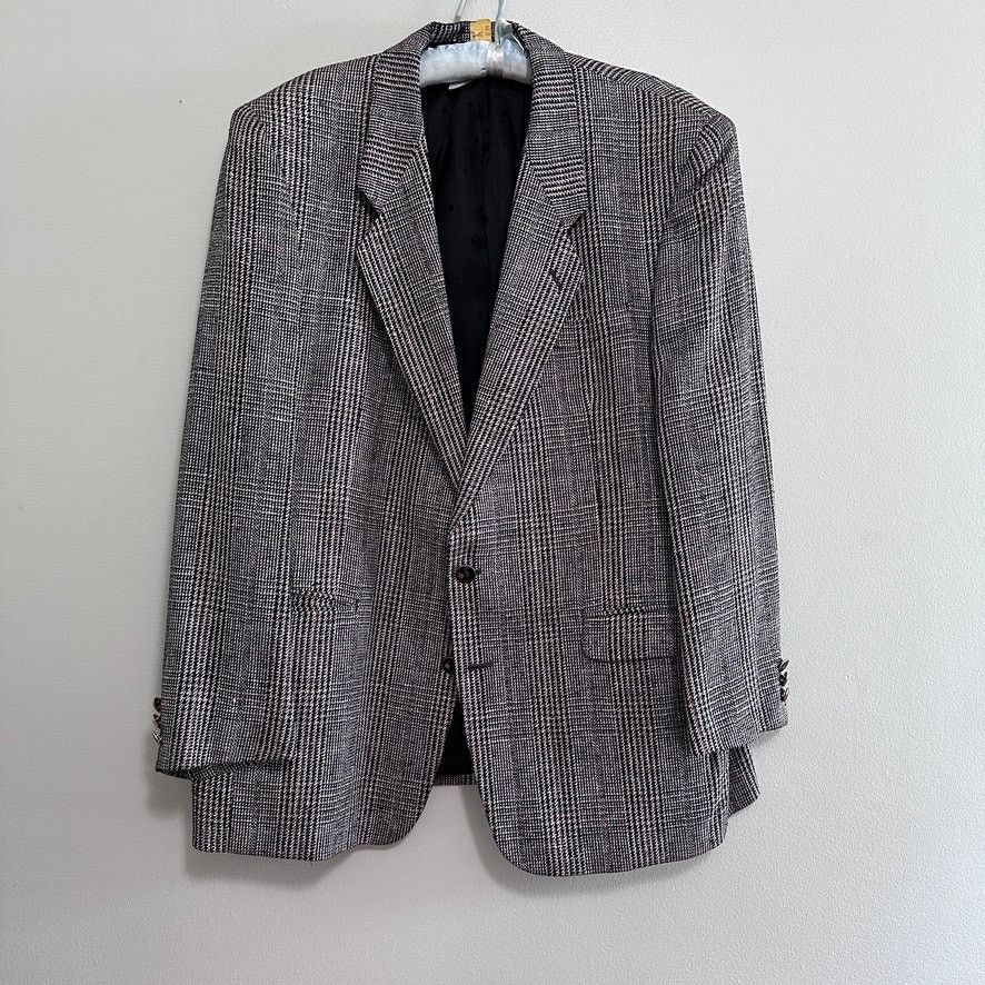 Vintage Vintage black and white glen check plaid silk blazer Size 46R - 2 Thumbnail
