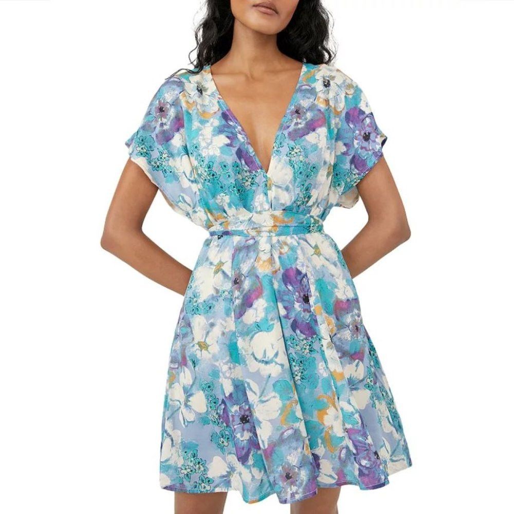 Free People New Free People Freddy Tie Waist Mini Blue Floral Dress Siz Size S / US 4 / IT 40 - 1 Thumbnail