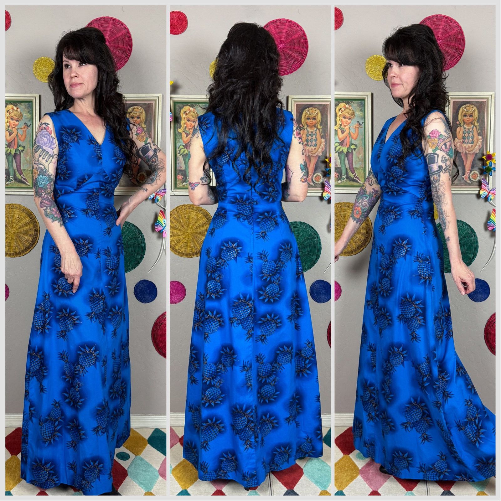 Vintage Vintage 1950s Blue and Gold Pineapple Print Tiki Maxi Dress Size S / US 4 / IT 40 - 2 Thumbnail