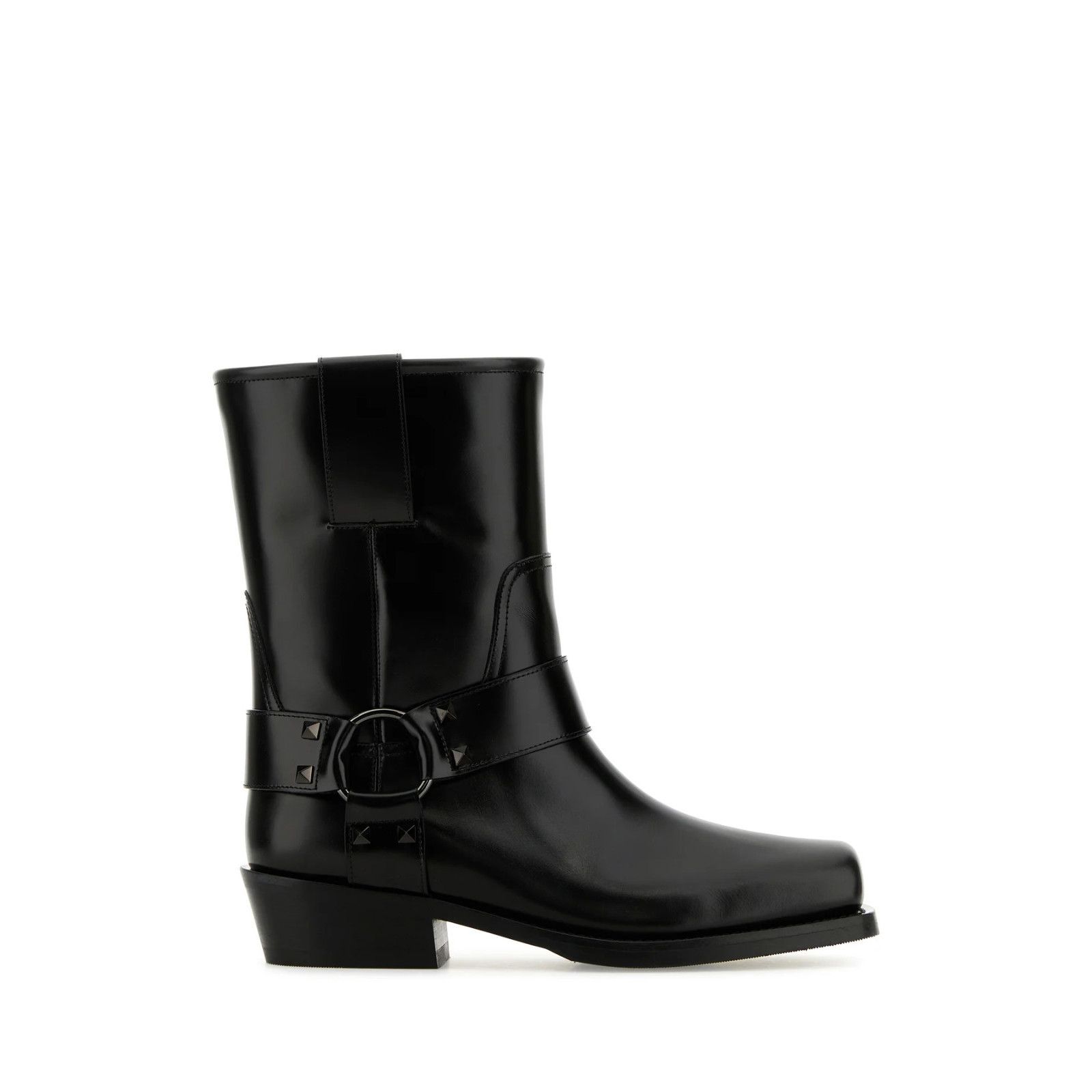 VALENTINO GARAVAN Rockstud Biker Black Leather Ankle Boots N