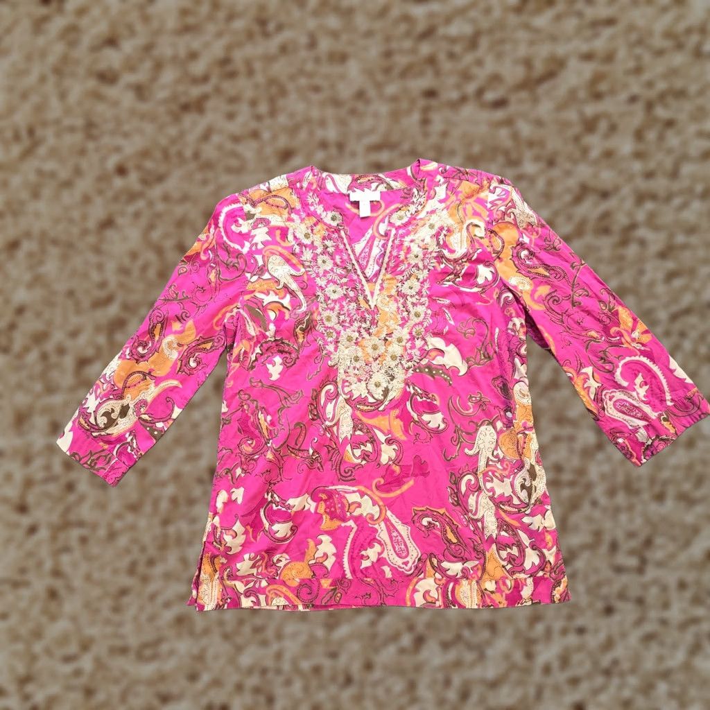 Charter Club Charter Club Top Women Petite PS Pink Paisley Embroidered Tunic Preppy Casual Shirt Blouse Size S / US 4 / IT 40 - 1 Thumbnail