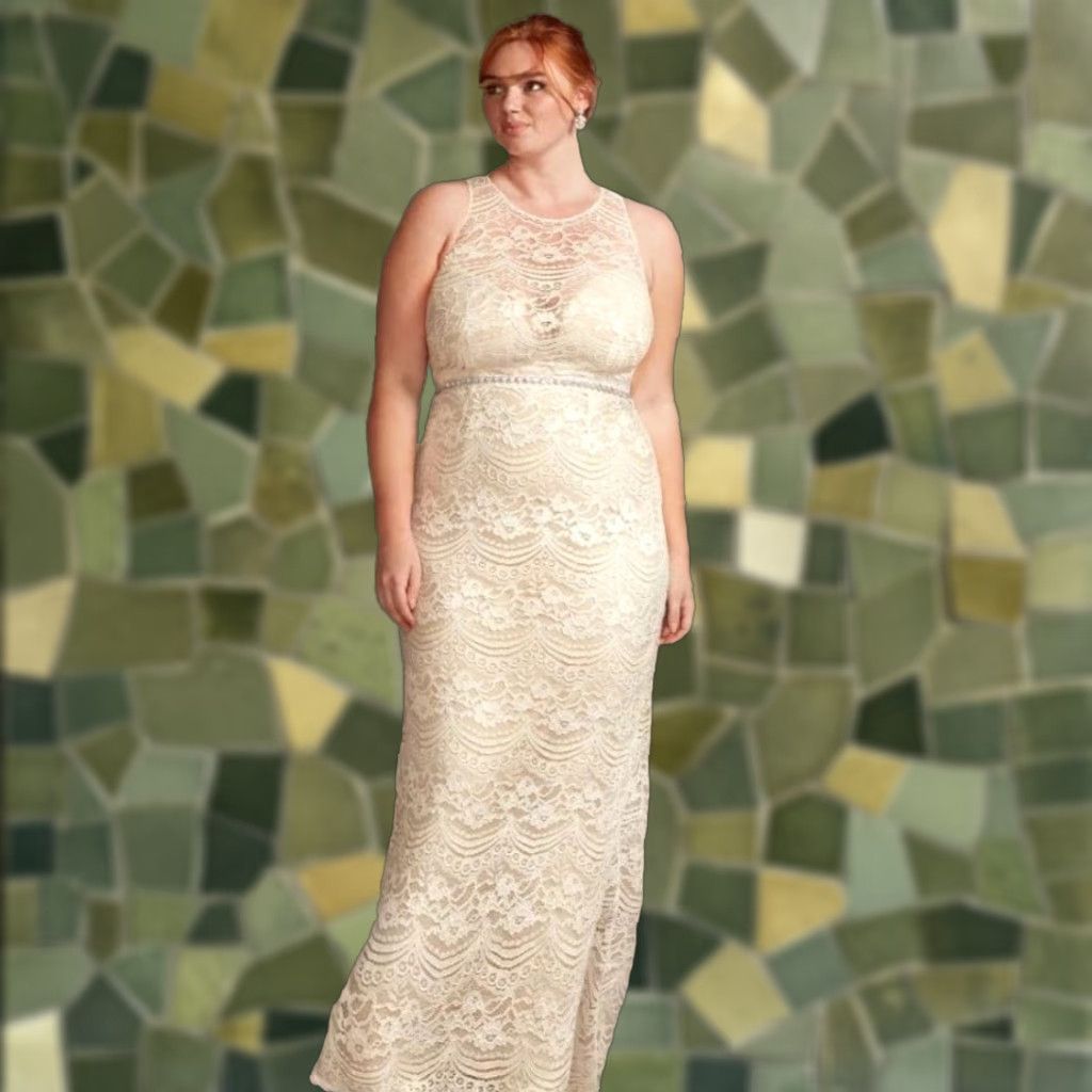 Vintage NWT Melissa Sweet Ivory Illusion Plunge Lace Sheath Open Back Wedding Dress 26W Size 26 - 1 Thumbnail