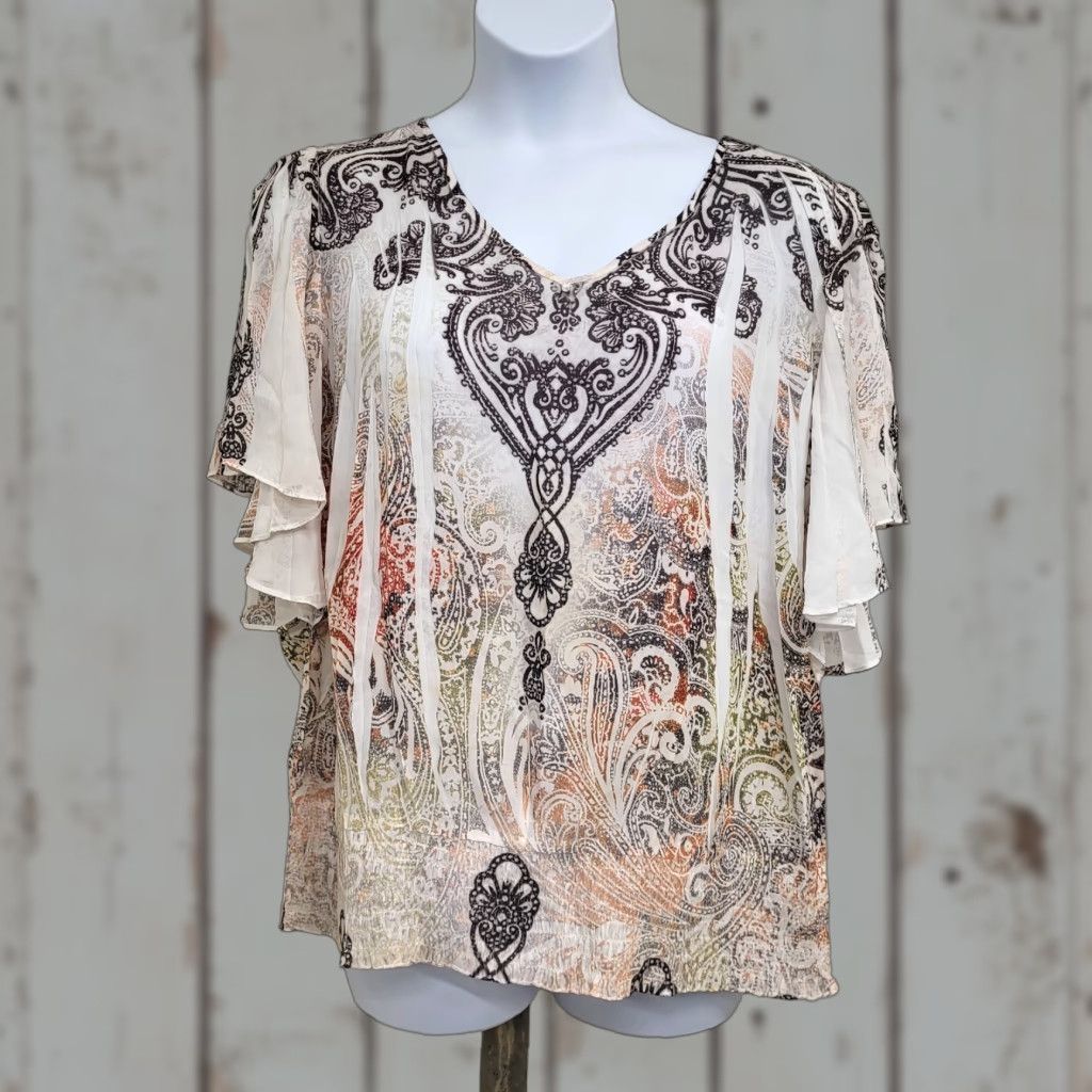 Vintage CATO Blouse Women's Plus Size 22/24W Creamy Browns Round Neck Boho Western Top Shirt Womens Bohemian Paisley Flutter Sleeve Short Sleeve Casual Size 3XL / US 20-22 - 1 Thumbnail