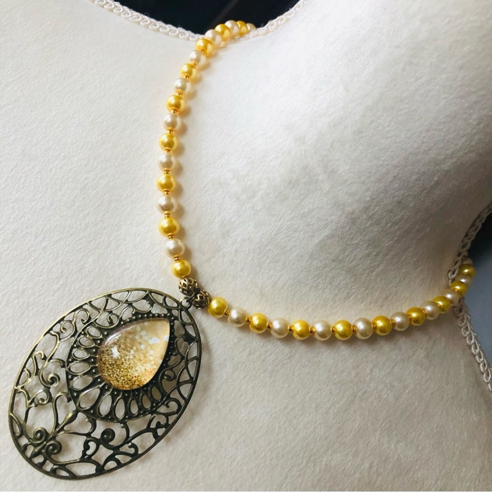Handmade Handcrafted repurpose large filigree Pearl necklace Size ONE SIZE - 1 Thumbnail
