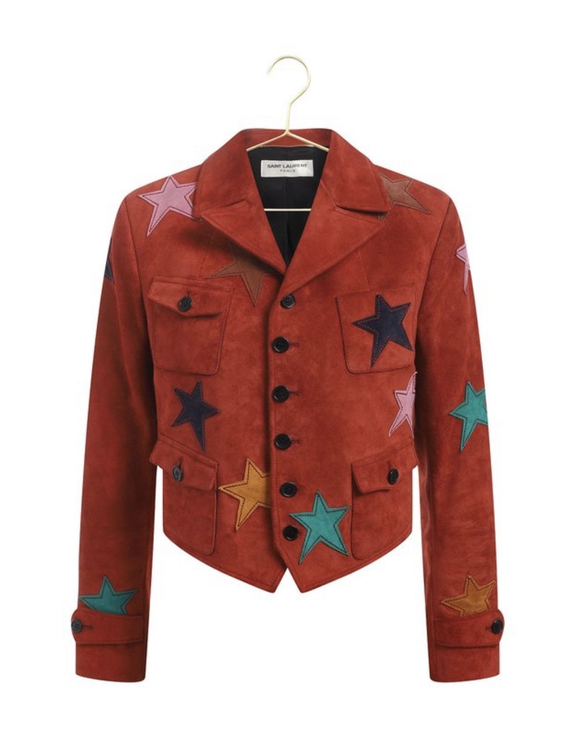 image of Saint Laurent Paris Saint Laurent Leather Calf Star Patch Suede Pocket Jacket in Orange (Size Small