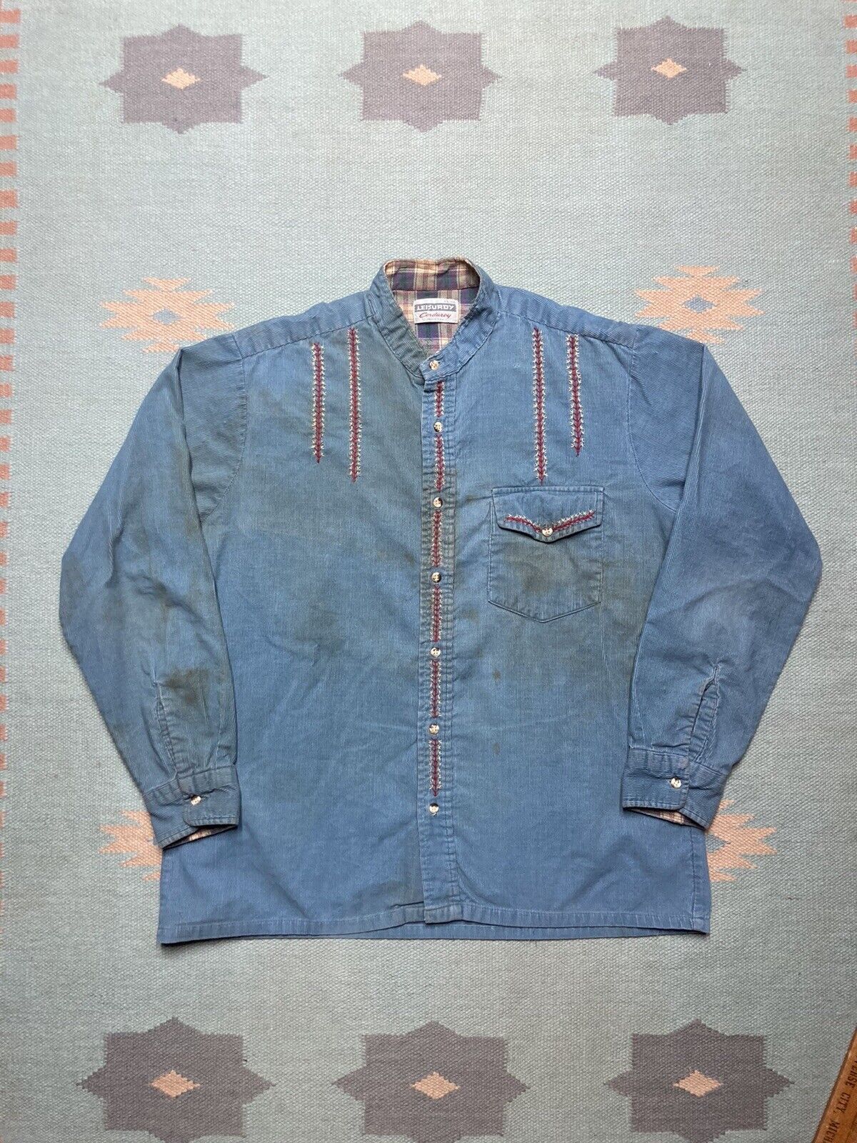 Vintage Vtg 60s button shirt corduroy hippie embroidered farm large Size US L / EU 52-54 / 3 - 1 Thumbnail