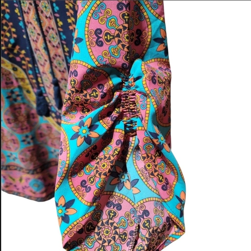Other EUC Bohemian Neck Tie Ethnic Style Kaftan Shift Dress Size L / US 10 / IT 46 - 3 Thumbnail