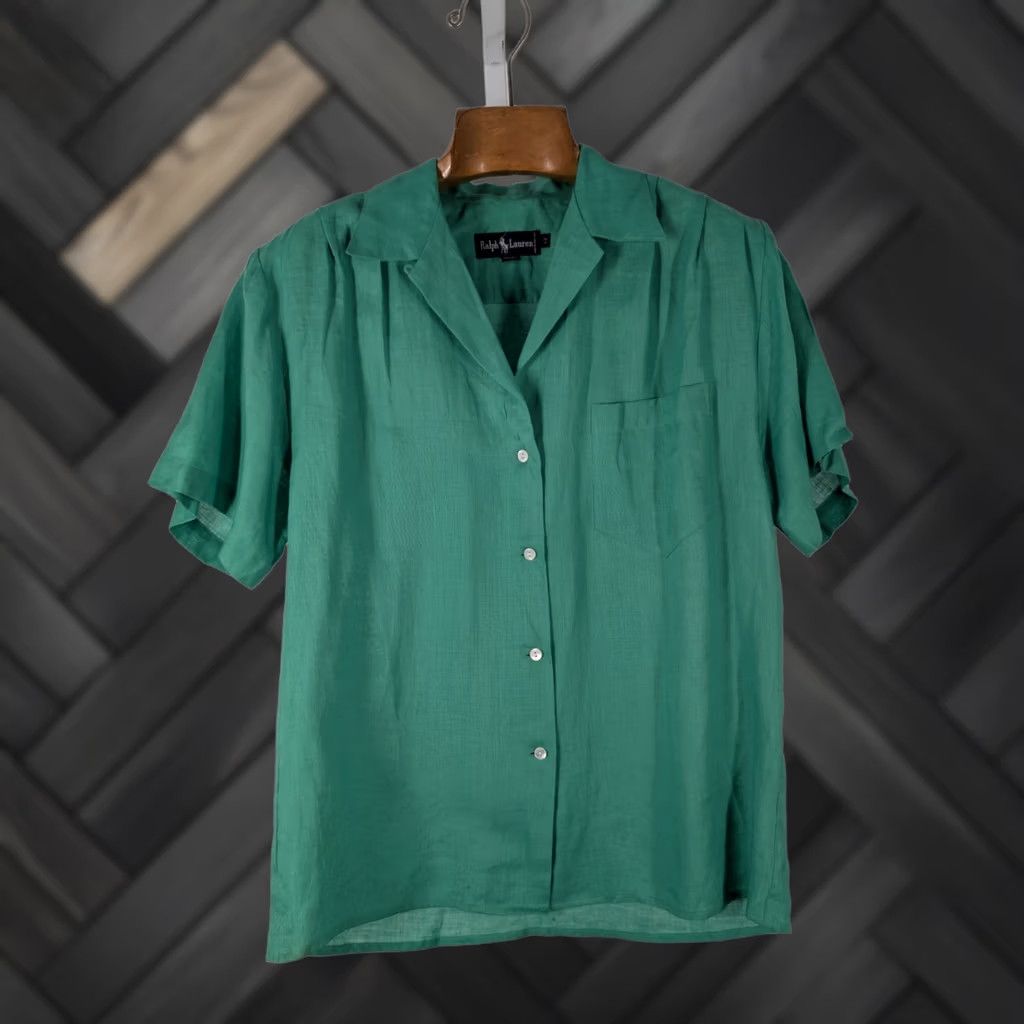 Atomic VINTAGE Ralph Lauren Boho Shirt Womens 80s 90s Linen Green Loopneck Button-Up 12 Size XL / US 12-14 / IT 48-50 - 1 Thumbnail