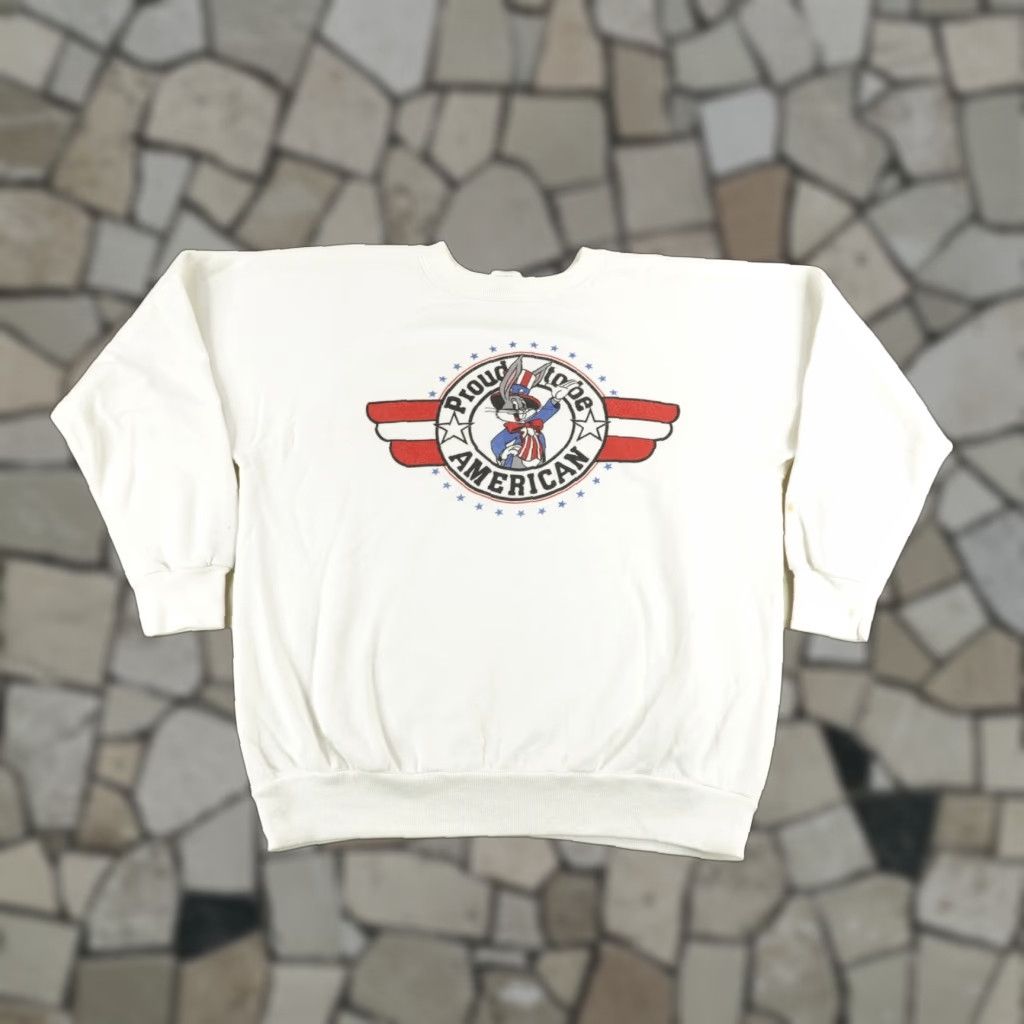 Vintage Vintage Bugs Bunny Sweatshirt Proud To Be American Artex USA 90s Mens Large White Size US L / EU 52-54 / 3 - 1 Thumbnail