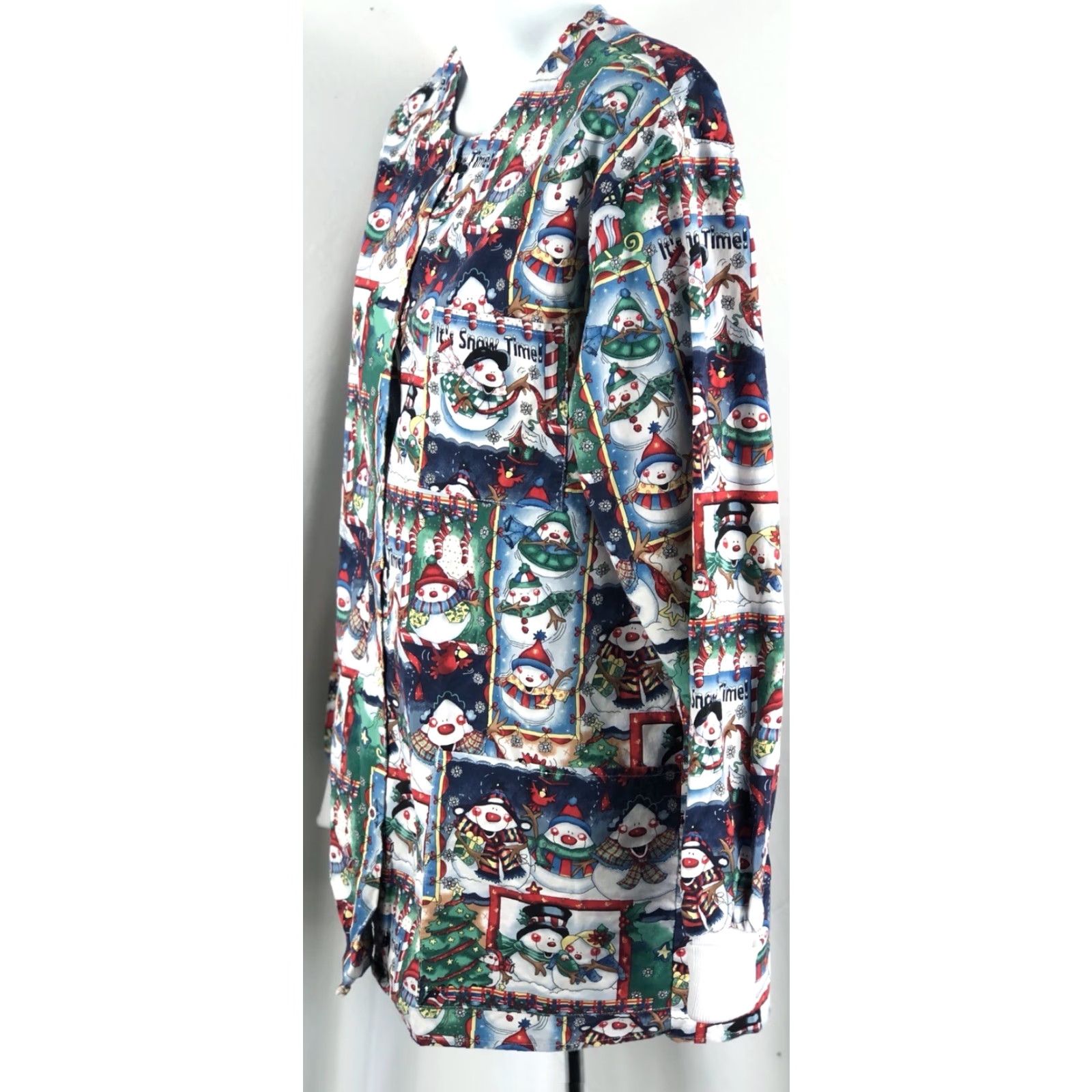 Vintage Barco Scrubs Top M Christmas Holiday Print LongSleeve Pockets Snap Front Snowman Womens) Size US M / EU 48-50 / 2 - 2 Thumbnail