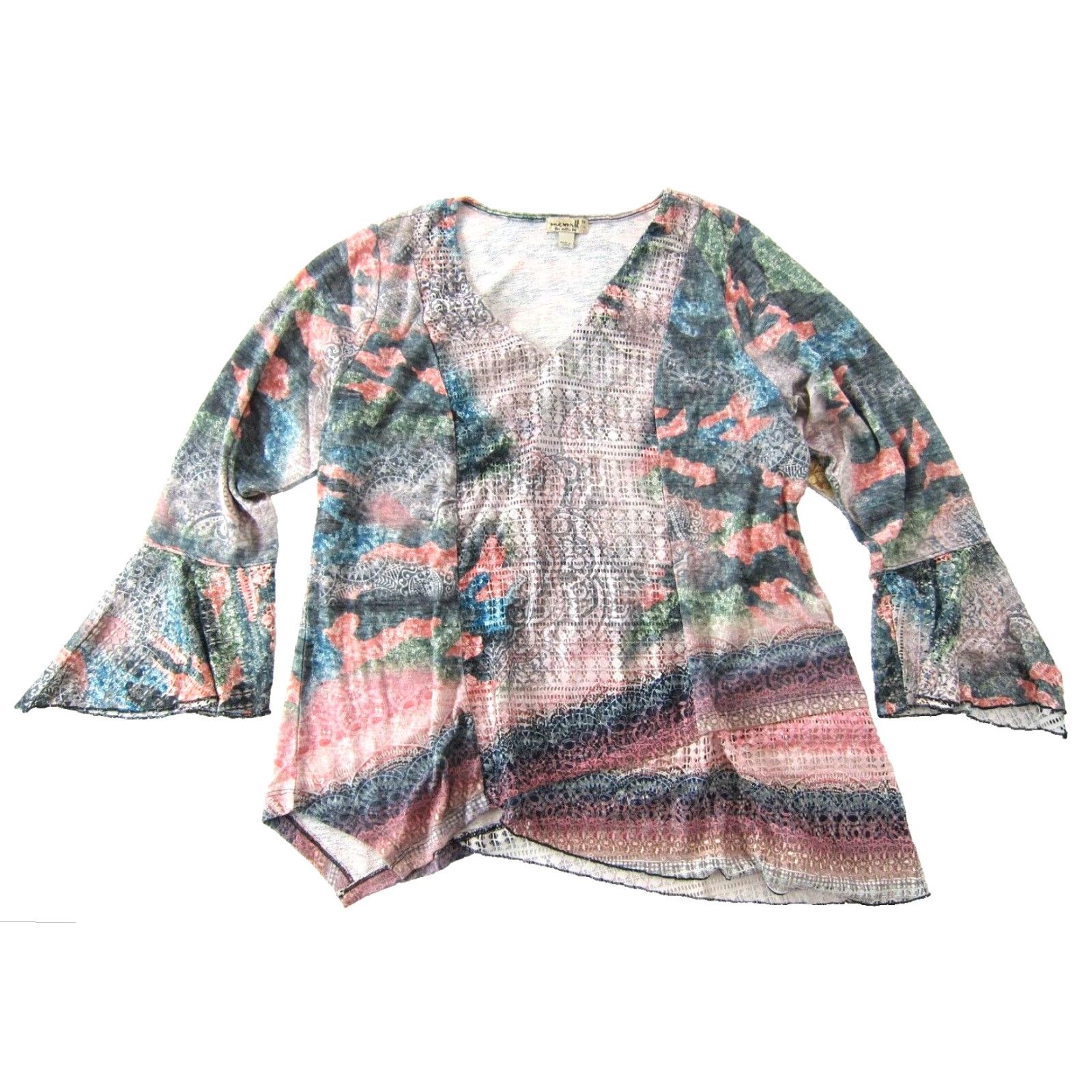 Vintage NWT One World Blouse Shirt 1X Pink Paisley Stretch Long Flare Sleeve V-Neck Top Womens Size XL / US 12-14 / IT 48-50 - 2 Thumbnail