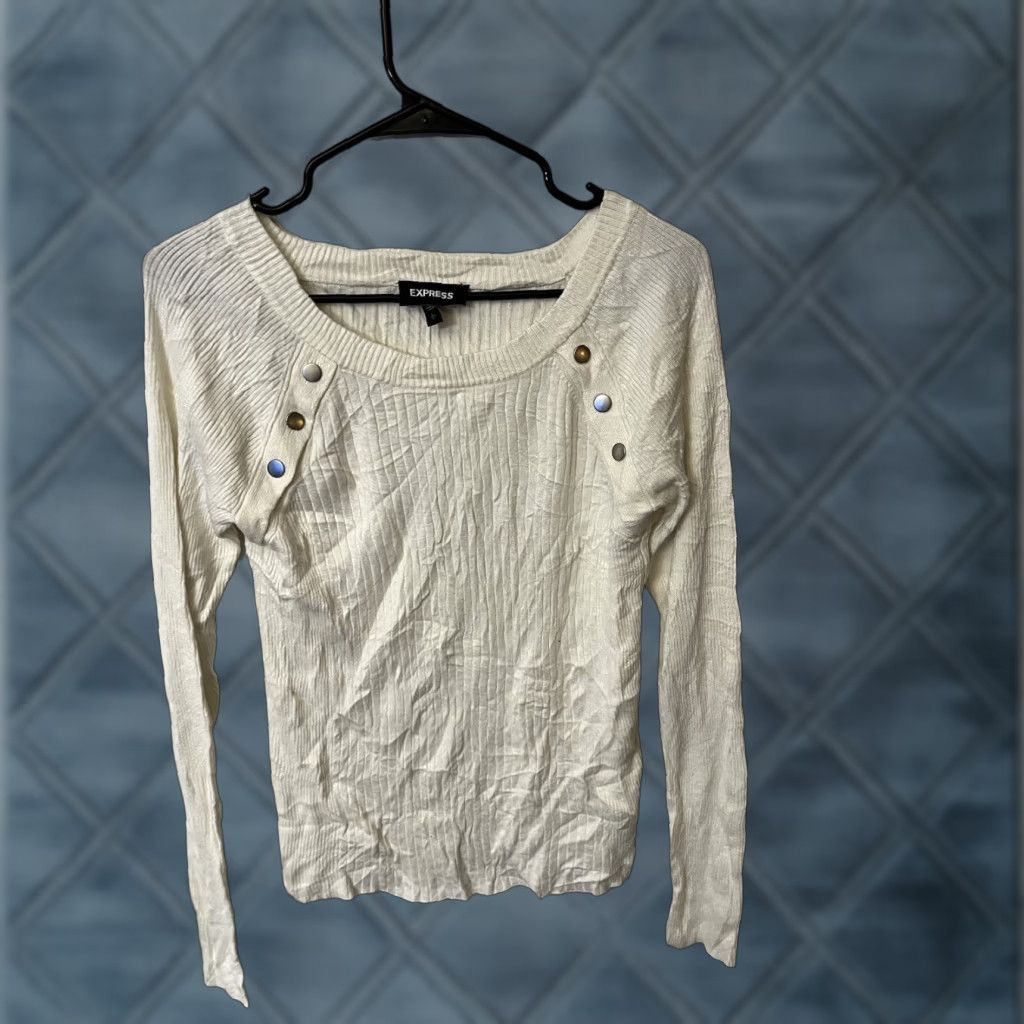 Express Express Women’s Size Large White Round Neck Sweater Long Sleeve Size L / US 10 / IT 46 - 1 Thumbnail
