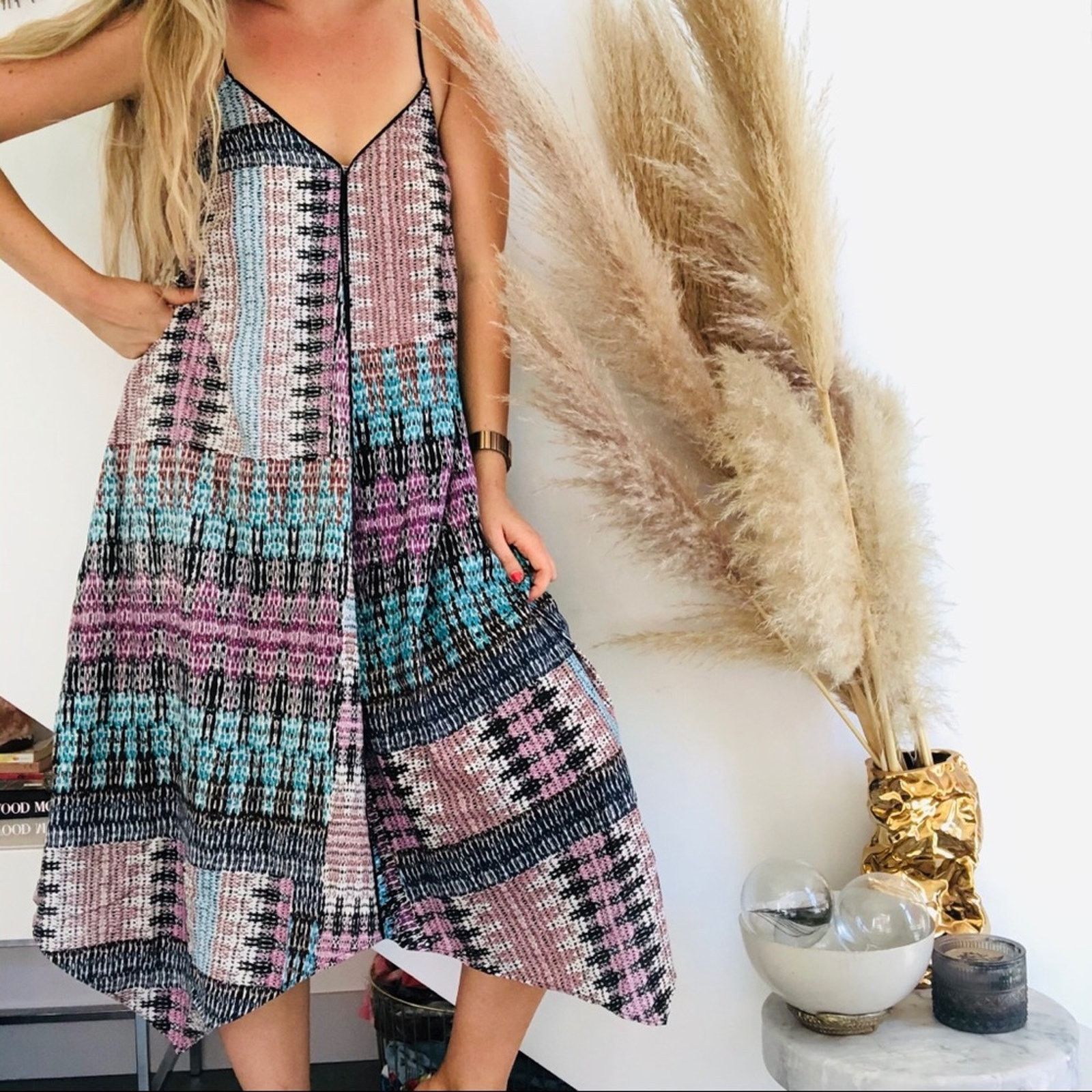 Anthropologie ANTHROPOLOGIE AKEMI KIM Navy Blue Purple Tank Tie Midi Dress Size XS / US 0-2 / IT 36-38 - 2 Thumbnail