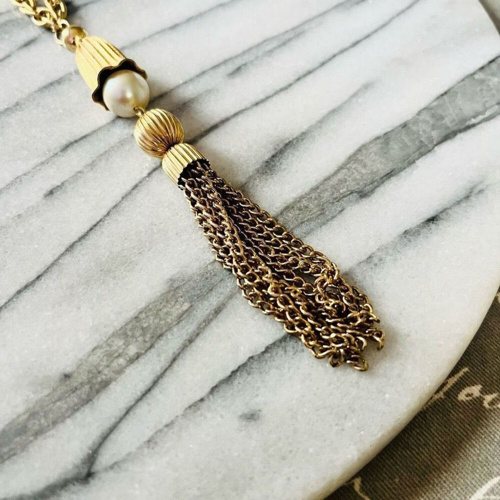 Vintage Vintage Tassel Chain Necklace Faux Pearl Beads Gold Size ONE SIZE - 6 Thumbnail