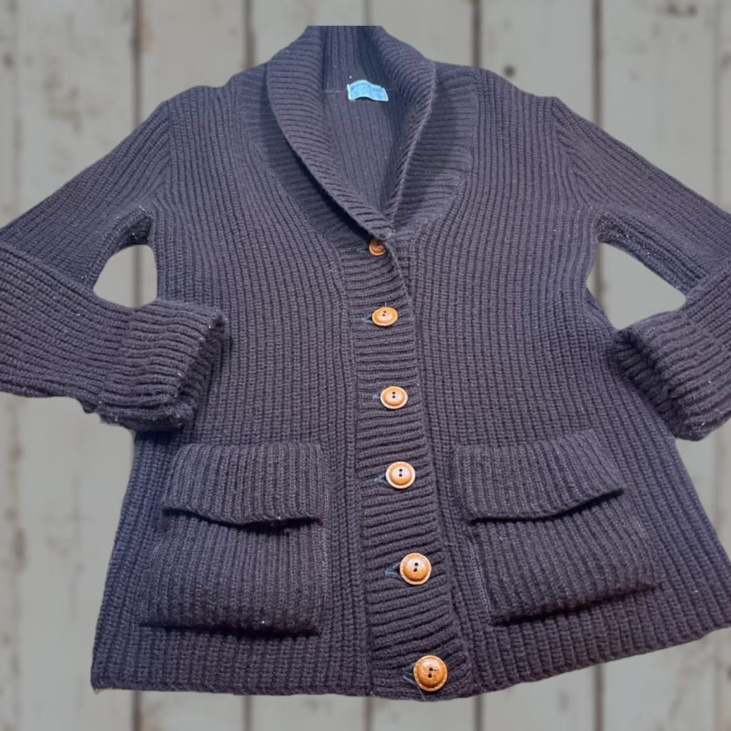 Vogue VINTAGE British Vogue Wintuk Cardigan Brown Chunky Knit - Button Front Pockets Cowl Neck L Womens Sweater Shirt (70’s) Size L / US 10 / IT 46 - 1 Thumbnail