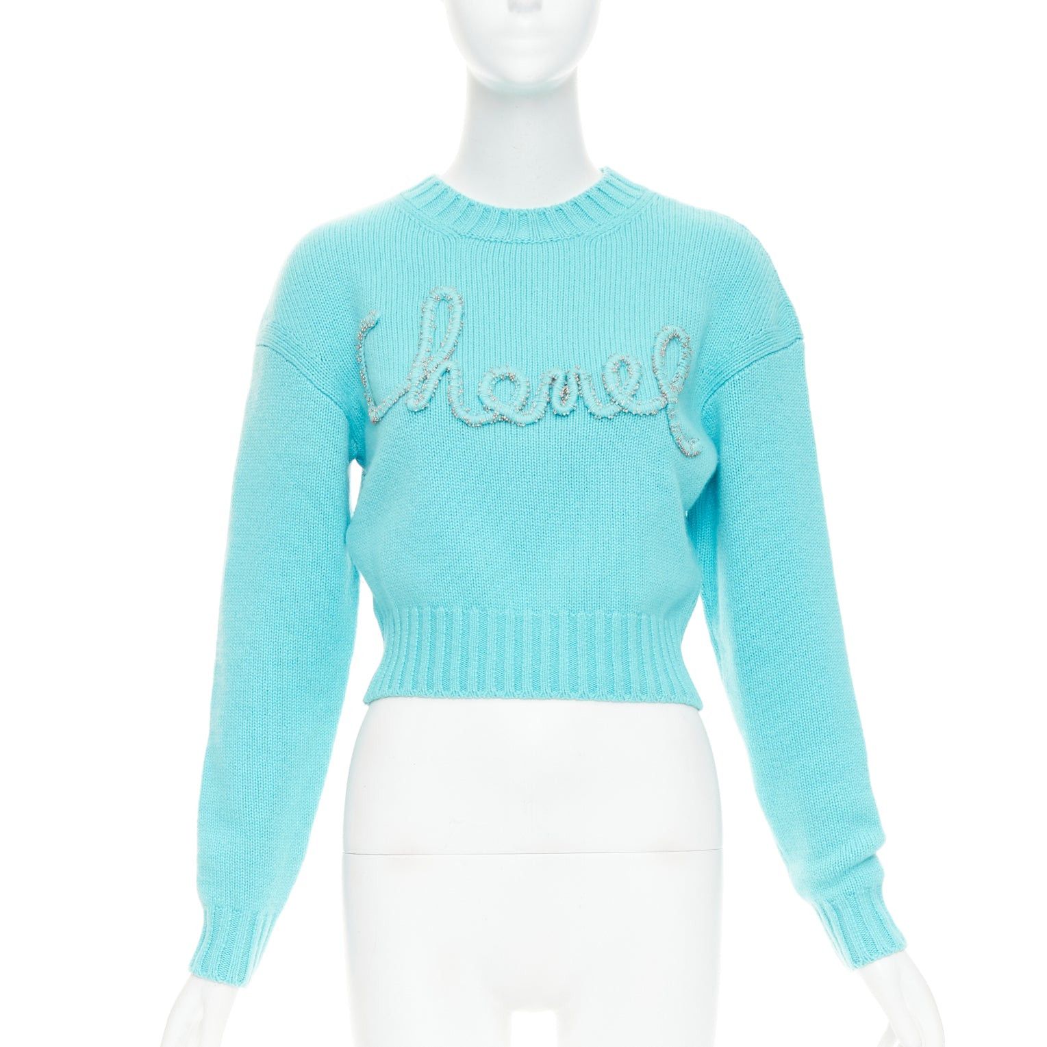 Chanel CHANEL 2020 100% cashmere cyan blue CC cursive logo cropped sweater¬† FR36 S Size S / US 4 / IT 40 - 1 Thumbnail